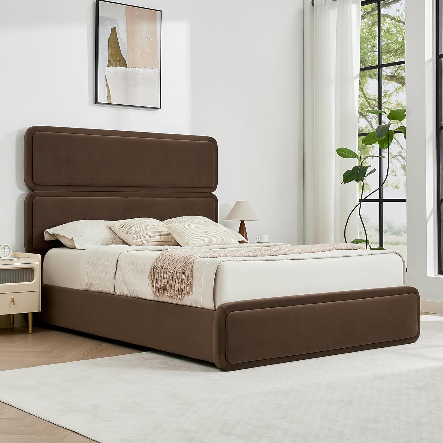 VELOCAVA Lift Up Storage Bed, Velvet-Look Upholstered Platform Bed Frame with 57" Tall Headboard, Linear Design, Hydraulic Storage, No Box Spring Needed, Coffee Brown