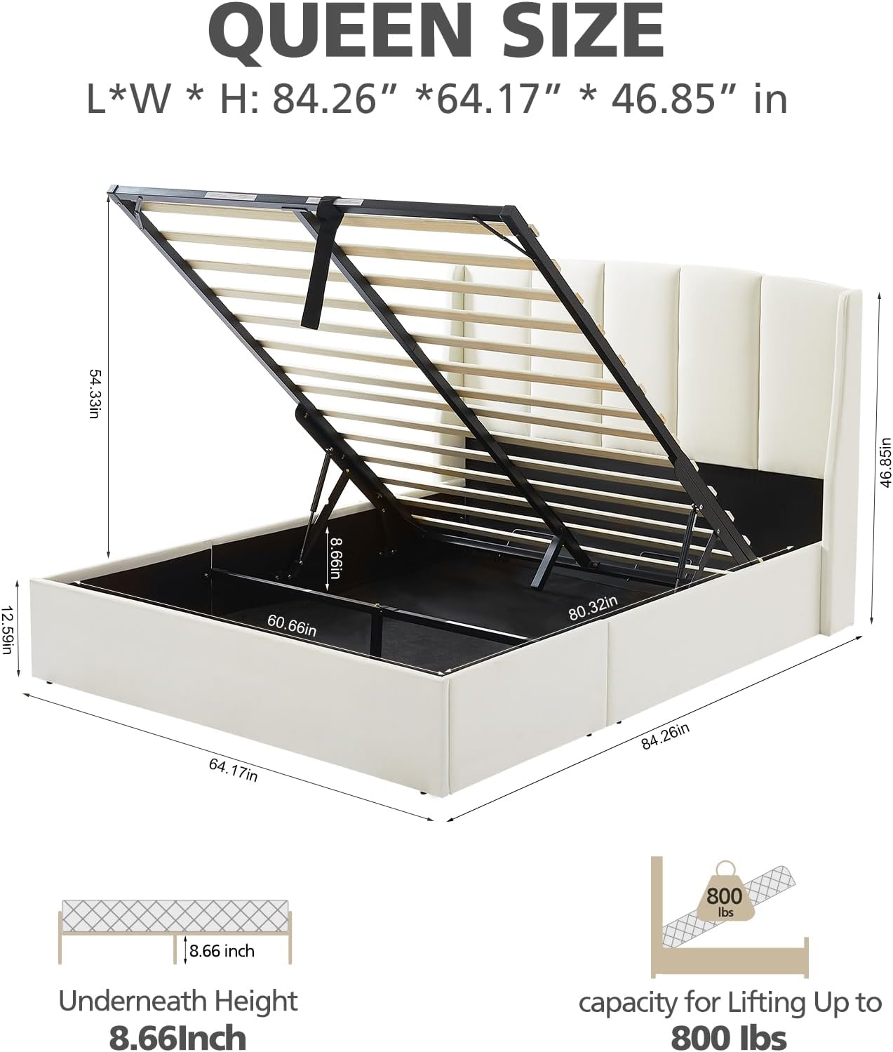 VELOCAVA Lift Up Storage Bed, Soft Upholstered Beds with Hydraulic Mechanism, Modern Wingback Headboard with Vertical Channel Design, Wooden Slat Support, Easy Assembly, White
