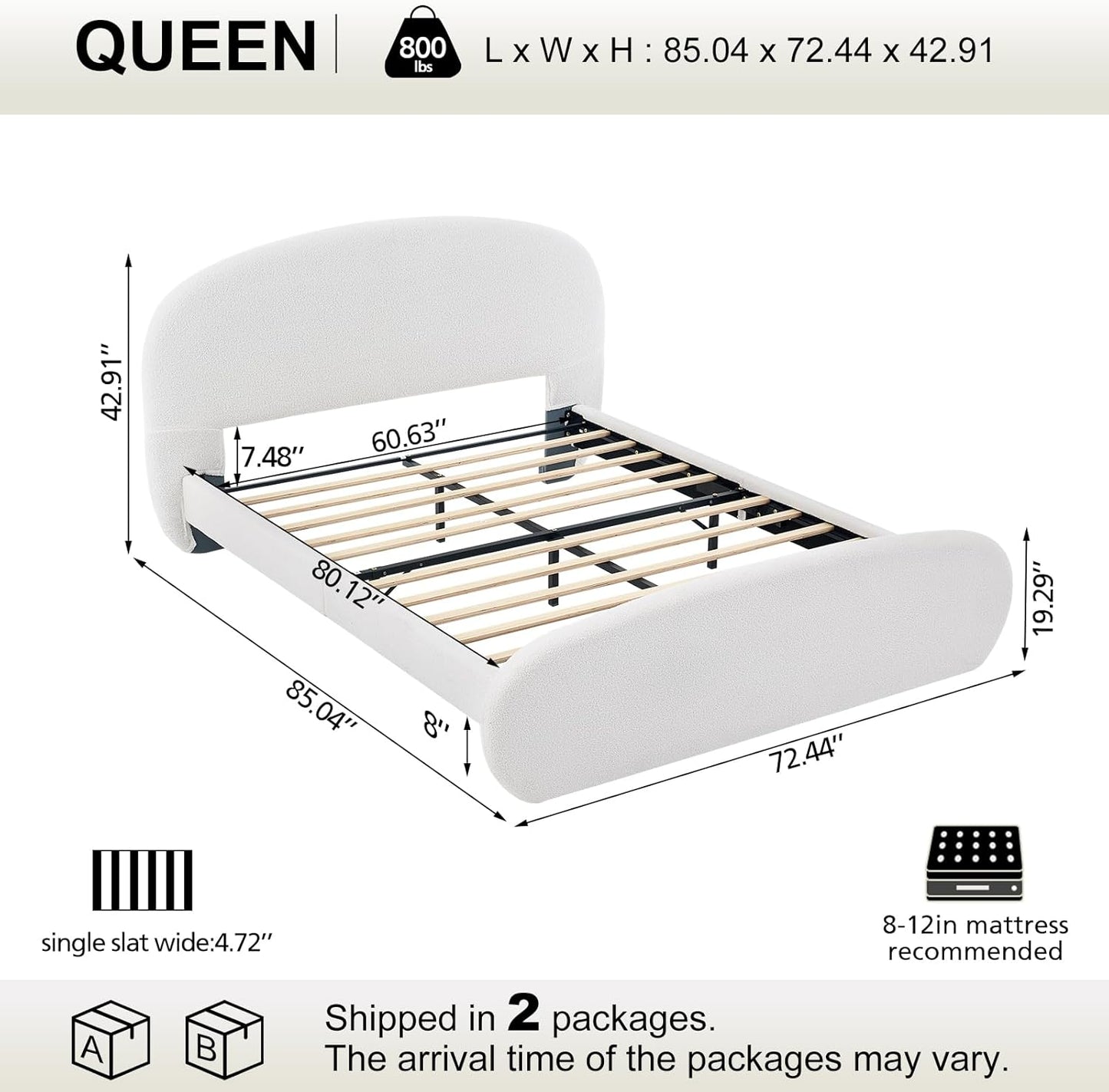 VELOCAVA Upholstered Platform Bed Frame, Curved Silhouette Headboard &amp; Footboard, Bouclé Texture, Removable Headboard Cover, 11 Plywood Slats, No Box Spring Needed, Cream White