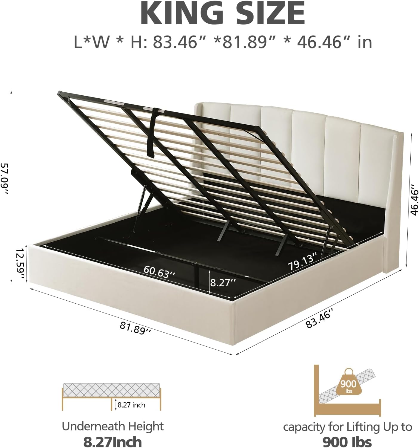 VELOCAVA Lift Up Storage Bed, Soft Upholstered Beds with Hydraulic Mechanism, Modern Wingback Headboard with Vertical Channel Design, Wooden Slat Support, Easy Assembly, White