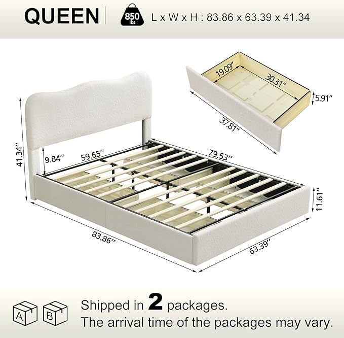 VELOCAVA Storage Bed Frame with 4 Pull-Out Drawers, Modern Upholstered Boucle Platform Bed with Curved Headboard, Wood Slats, No Box Spring Needed, Cream White