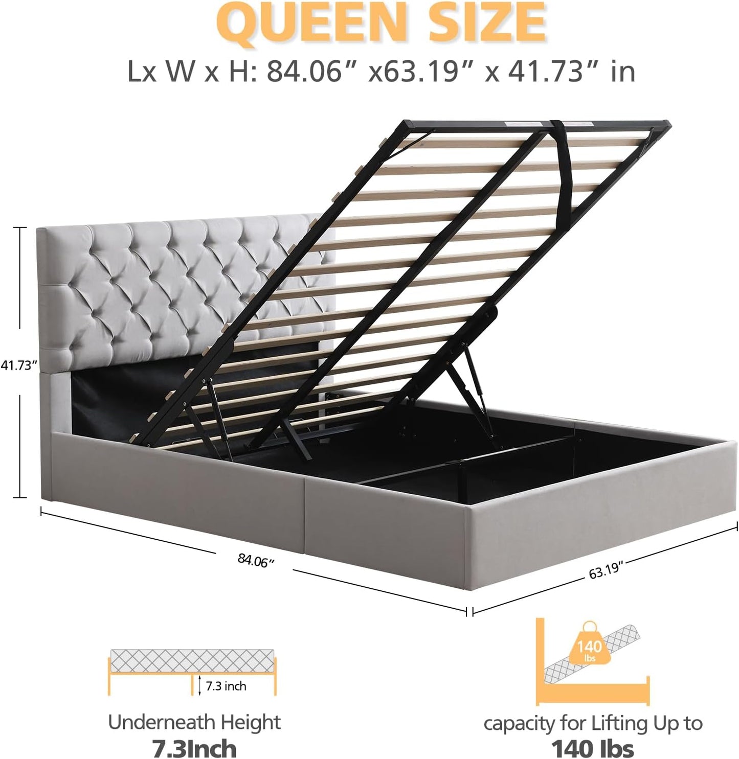 VELOCAVA Hydraulic Lift-Up Storage Bed, White Linen-Textured Upholstered Platform Frame with Button-Tufted Headboard, Modern Space-Saving Design, No Box Spring Required, Easy Assembly