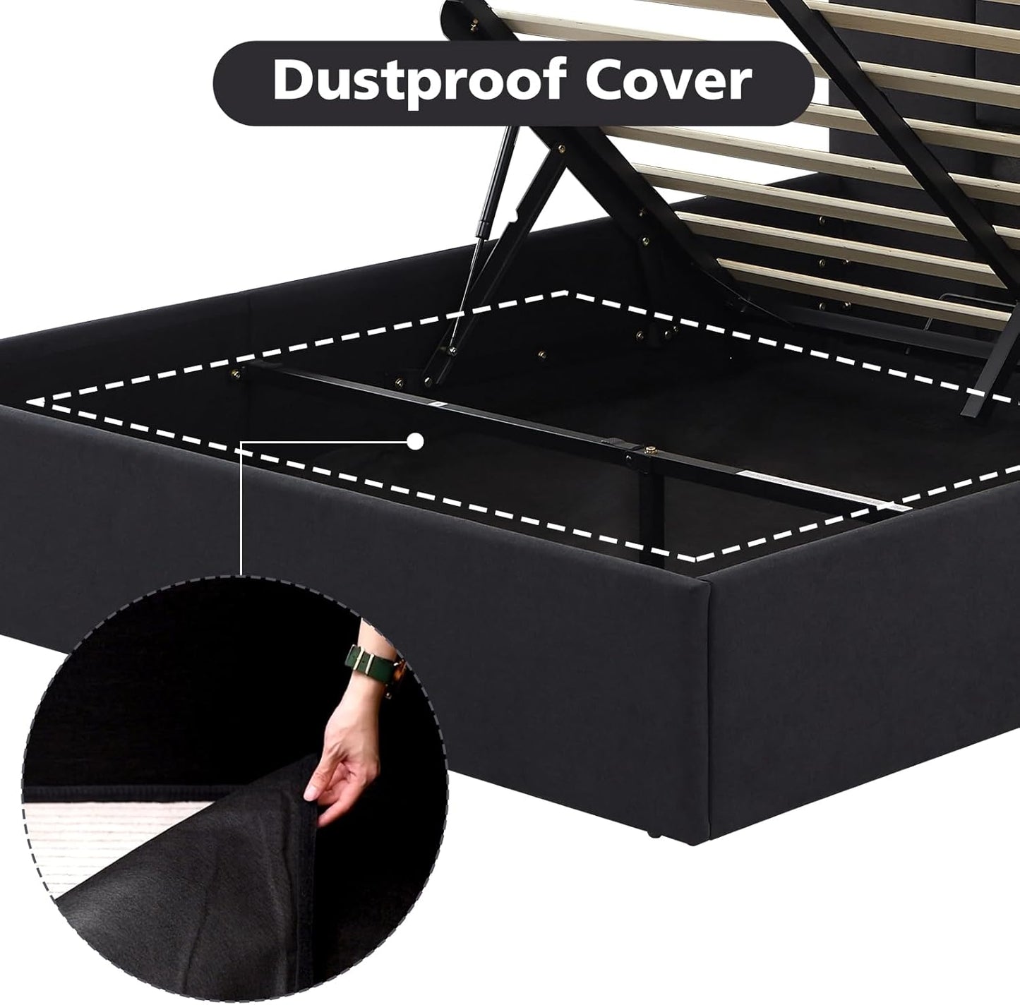 VELOCAVA Full Size Hydraulic Lift Storage Bed Frame, Black Linen-Look Upholstered Platform Bed with Vertical Panel Headboard, Hidden Under-Bed Storage, No Box Spring Needed