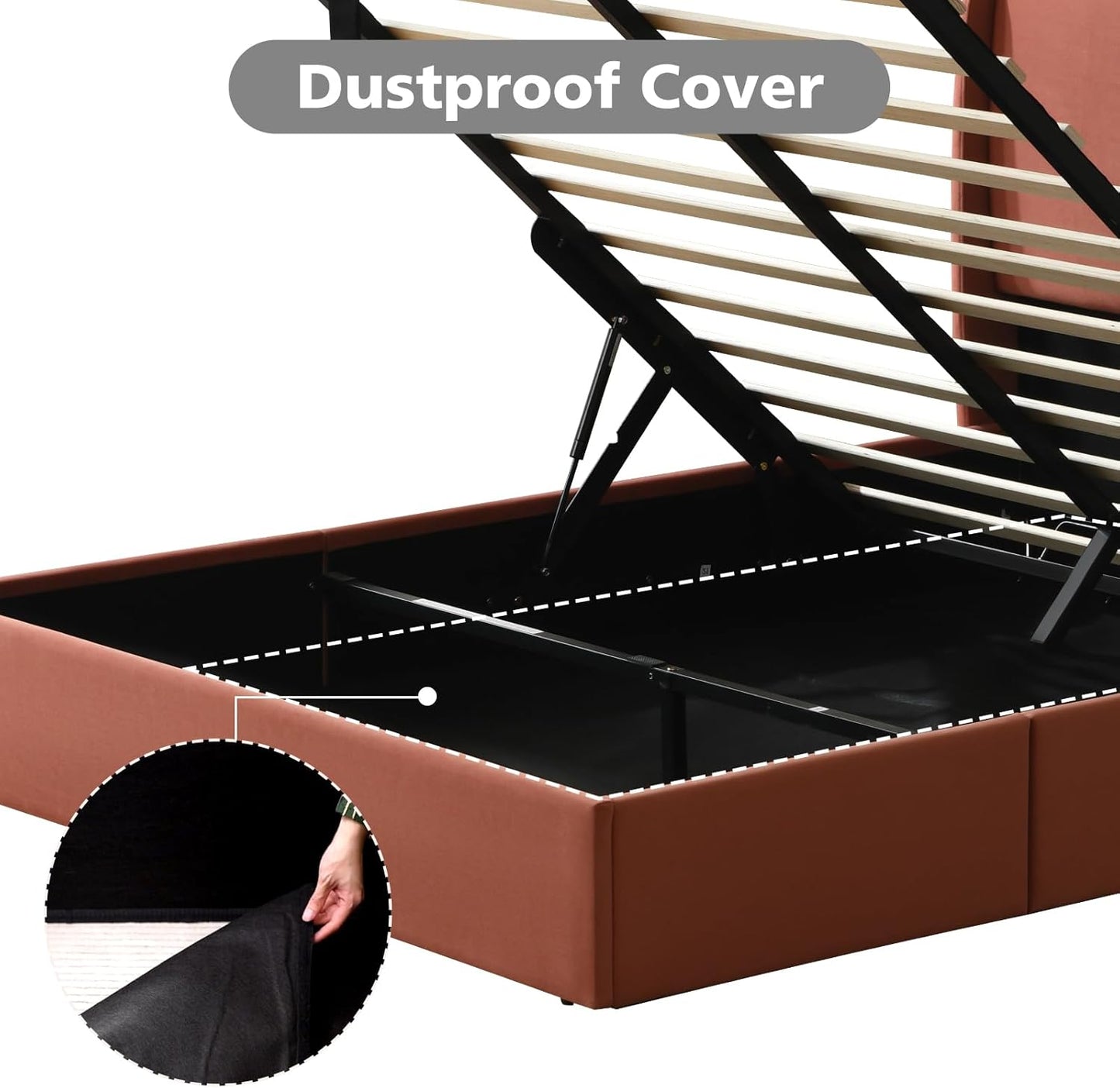 VELOCAVA Lift Up Storage Bed Frame, Velvet-Look Upholstered Bed with Modern Wing back Headboard, Gas Lift Mechanism, Space Saving Design, No Box Spring Needed, Terracotta