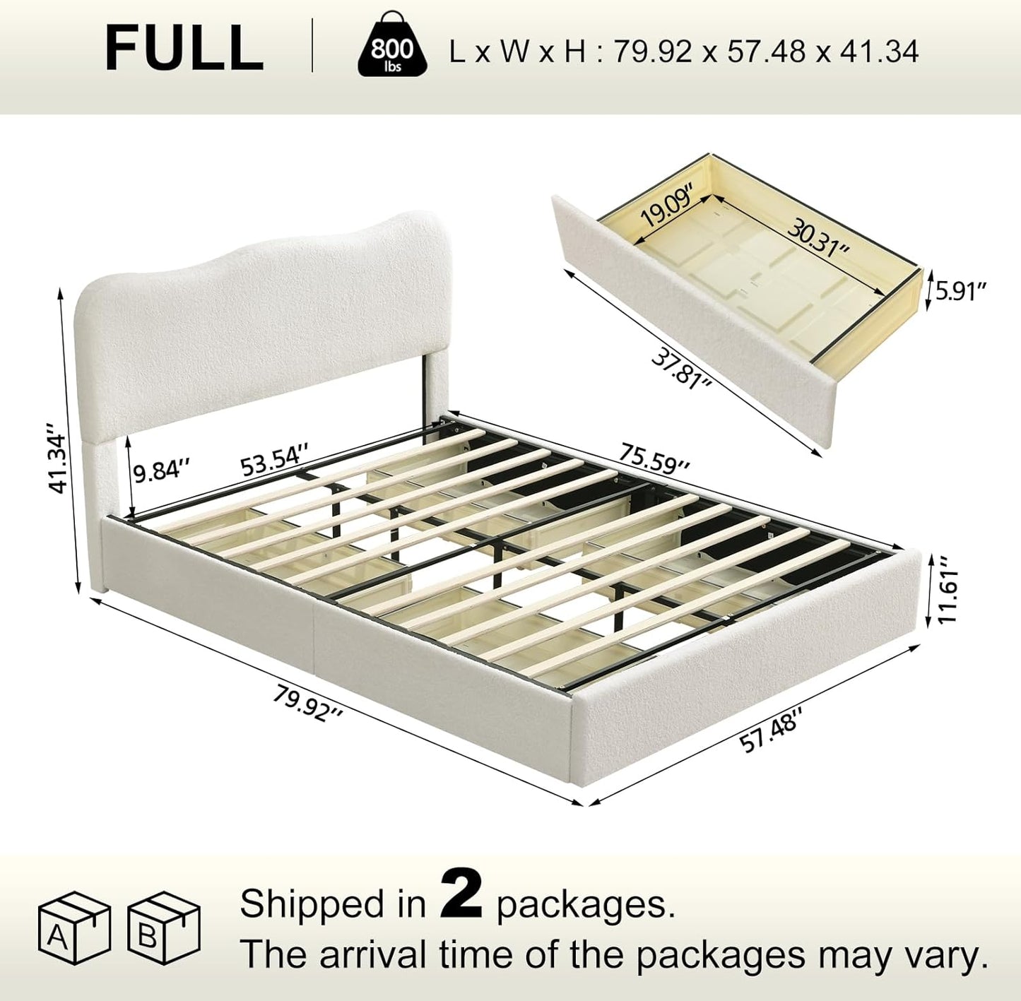 VELOCAVA Storage Bed Frame with 4 Pull-Out Drawers, Modern Upholstered Boucle Platform Bed with Curved Headboard, Wood Slats, No Box Spring Needed, Cream White