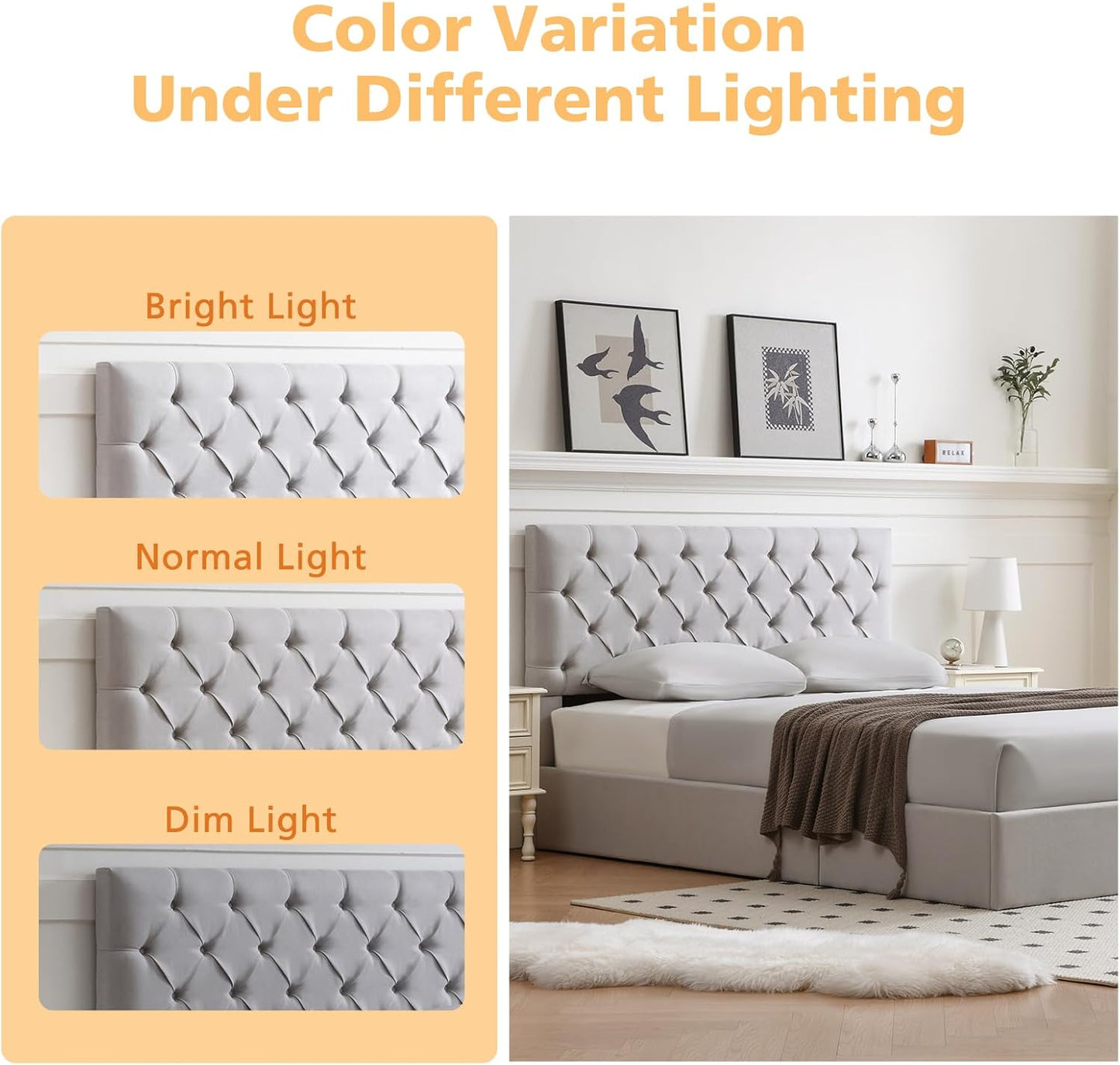 VELOCAVA Hydraulic Lift-Up Storage Bed, Light Gray Linen-Textured Upholstered Platform Frame with Button-Tufted Headboard, Modern Space-Saving Design, No Box Spring Required, Easy Assembly