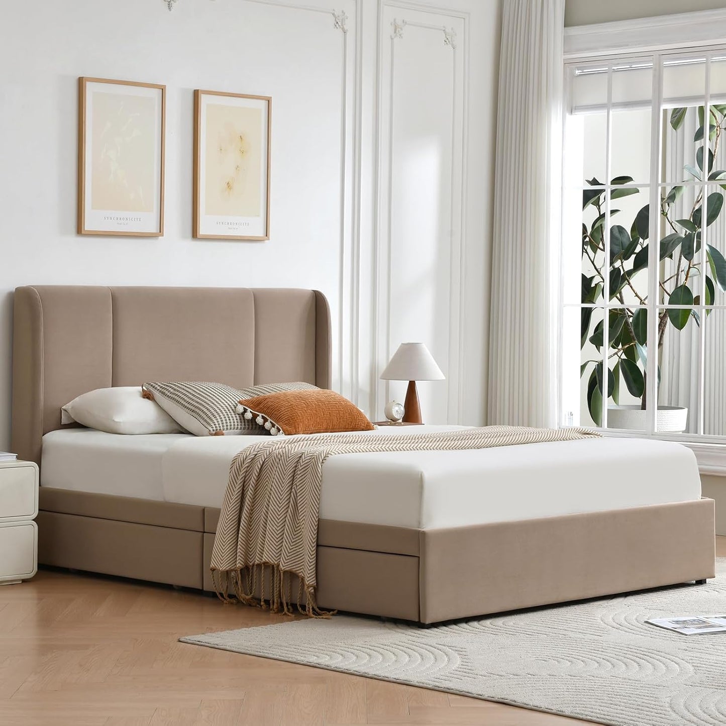 VELOCAVA Upholstered Bed Frame with 4 Storage Drawers, Modern Velvet-Like Platform Bed with Wingback Headboard, Sturdy Wood Slats,No Box Spring Needed, Brown