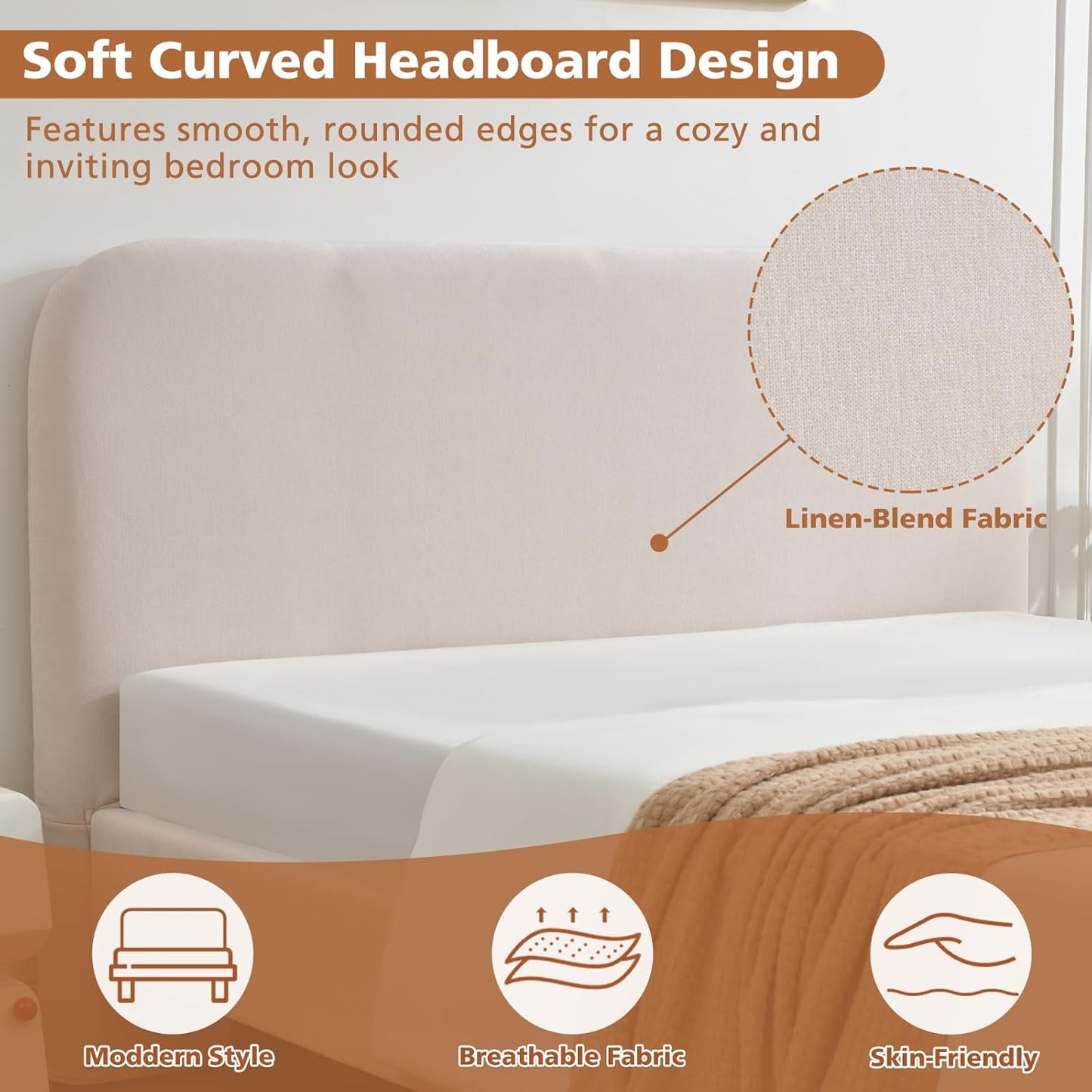 VELOCAVA Upholstered Platform Bed Frame with Curved Headboard and Cylindrical Legs, Rounded Corners Design, Sturdy 30-Slat Support, No Box Spring Required, Linen-Blend Fabric, Beige
