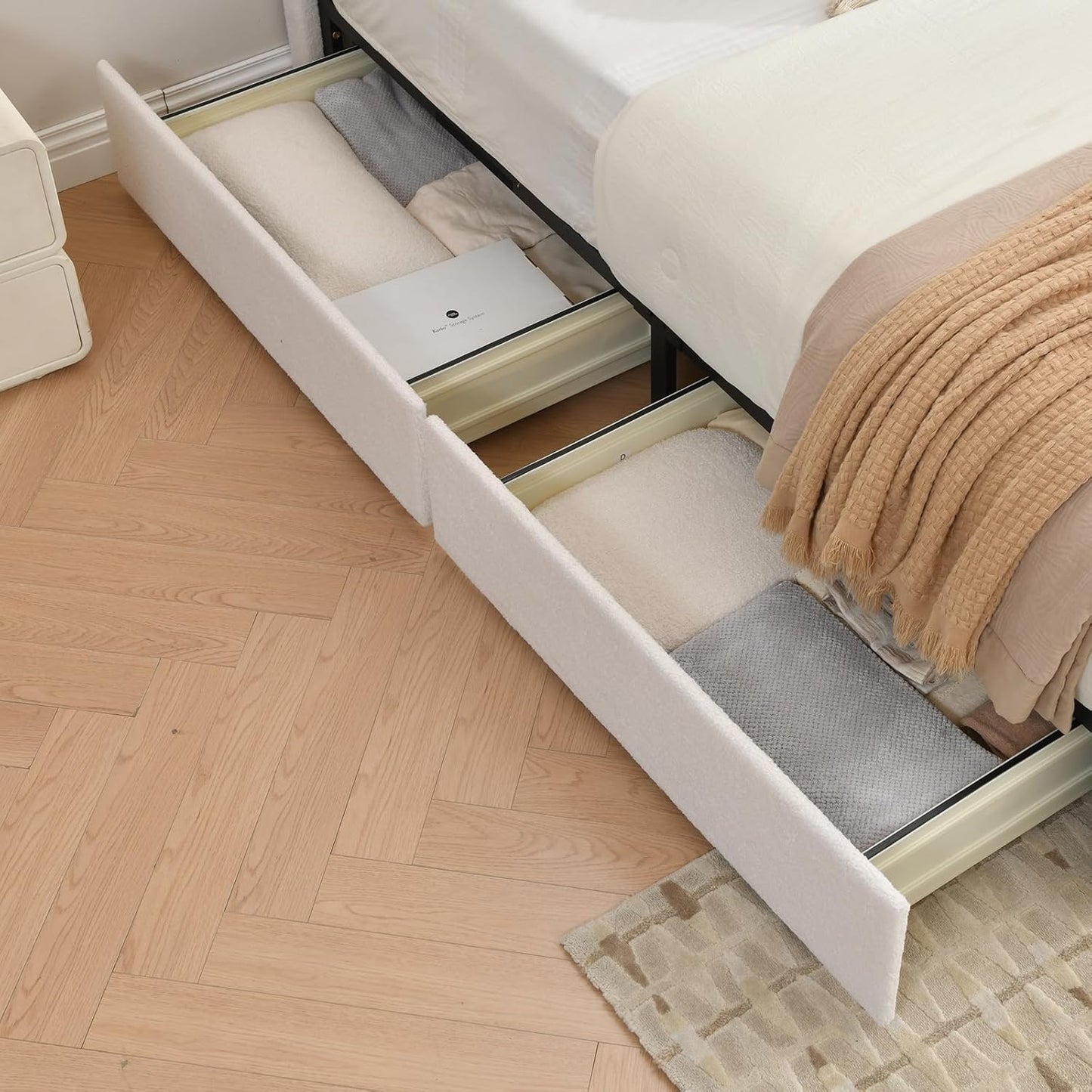 VELOCAVA Storage Bed Frame with 4 Pull-Out Drawers, Modern Upholstered Boucle Platform Bed with Curved Headboard, Wood Slats, No Box Spring Needed, Cream White