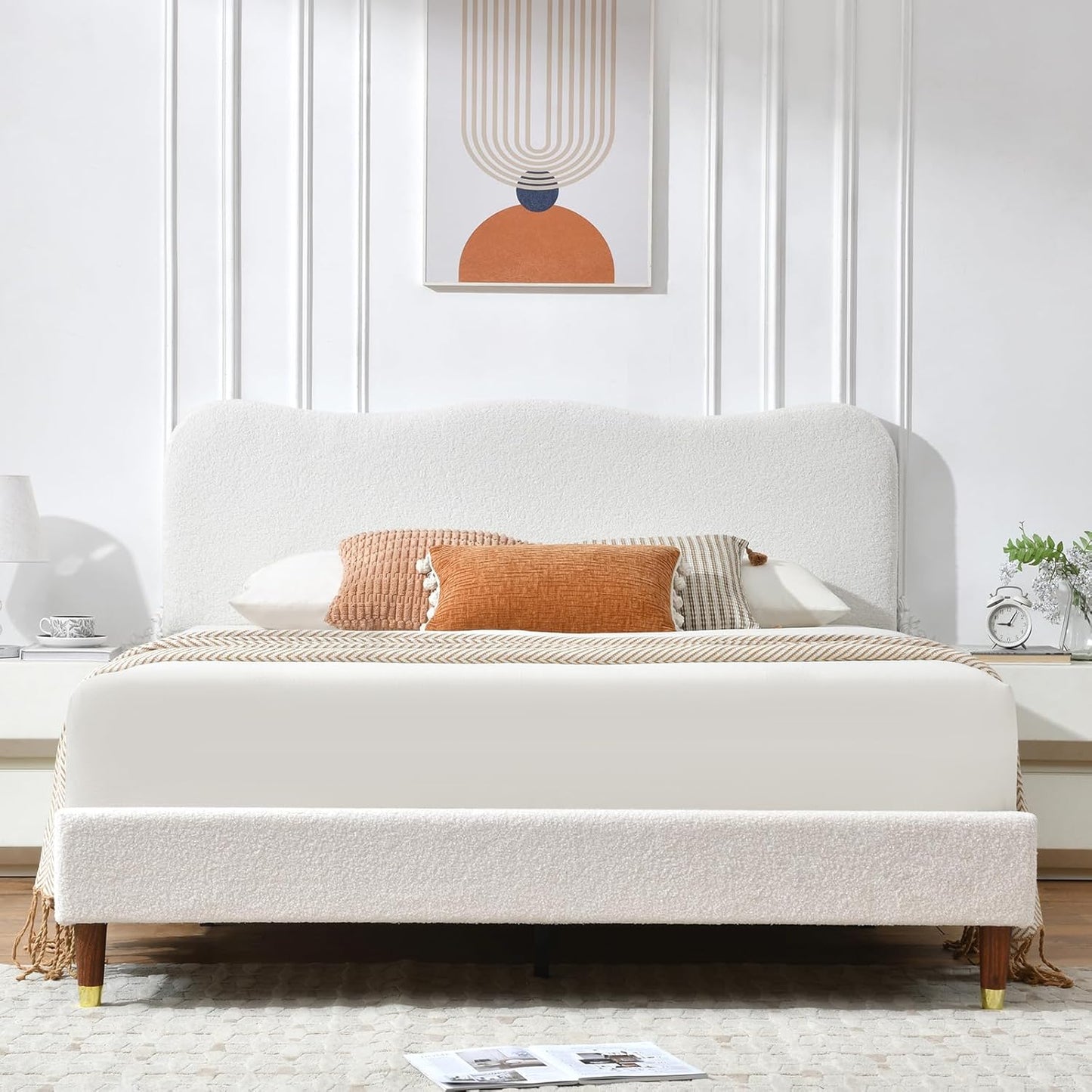 VELOCAVA Boucle Bed Frame with Curved Adjustable Headboard, Upholstered Cloud Platform Bed, Rounded Corners, Wooden Slats Support, No Box Spring Needed, Easy Assembly, Cream White