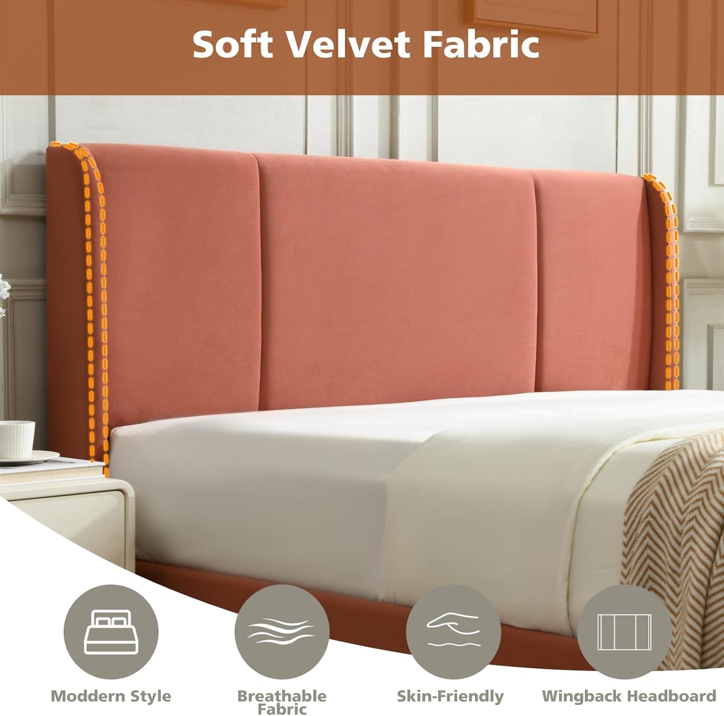 VELOCAVA Lift Up Storage Bed Frame, Velvet-Look Upholstered Bed with Modern Wing back Headboard, Gas Lift Mechanism, Space Saving Design, No Box Spring Needed, Terracotta