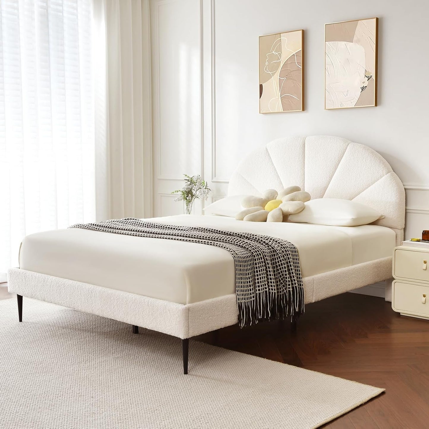 VELOCAVA White Boucle Bed with Seashell Headboard, Upholstered Platform Girls Bed with Soft Rounded Corners, Wooden Slats Support, No Box Spring Needed, Easy Assembly
