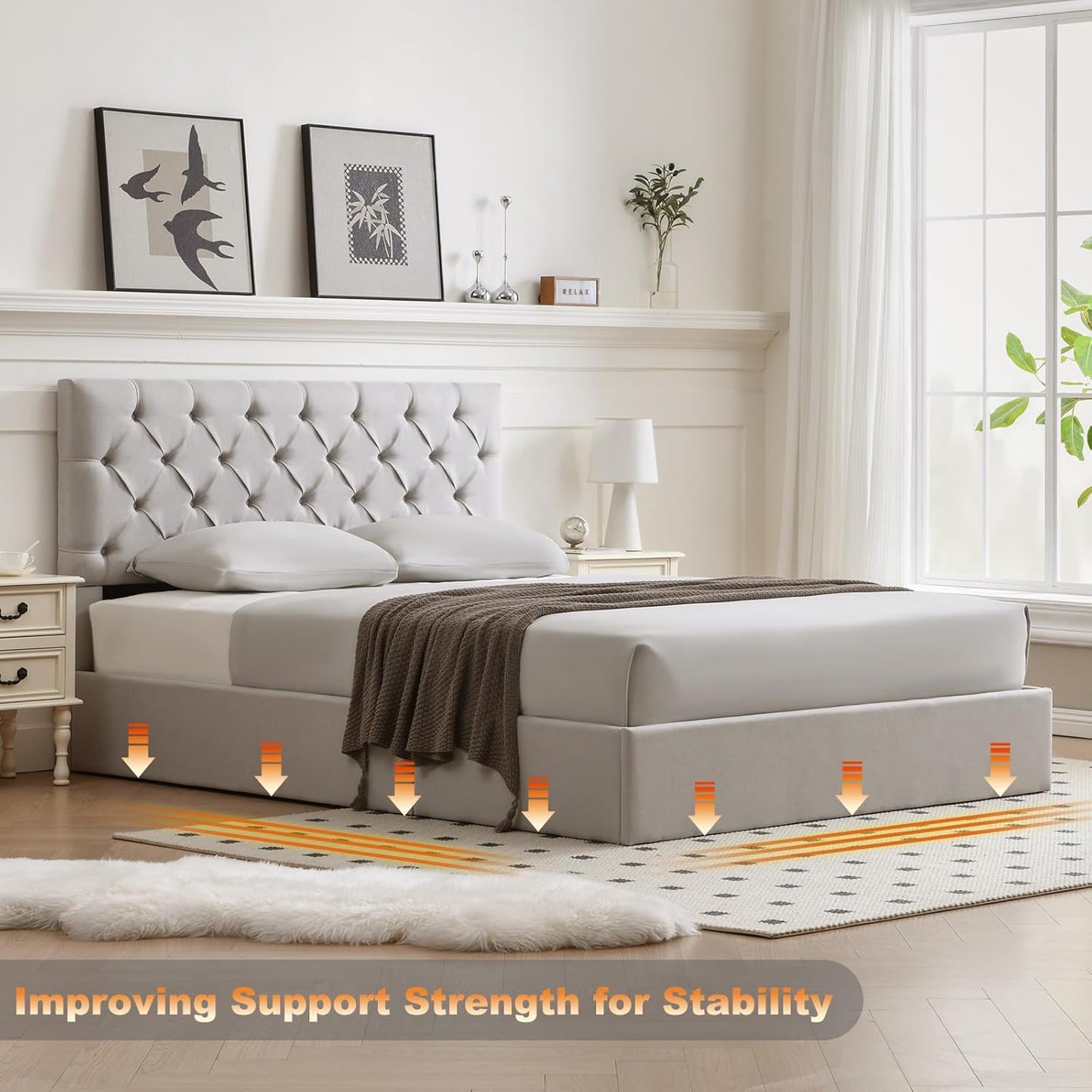 VELOCAVA Hydraulic Lift-Up Storage Bed, Light Gray Linen-Textured Upholstered Platform Frame with Button-Tufted Headboard, Modern Space-Saving Design, No Box Spring Required, Easy Assembly