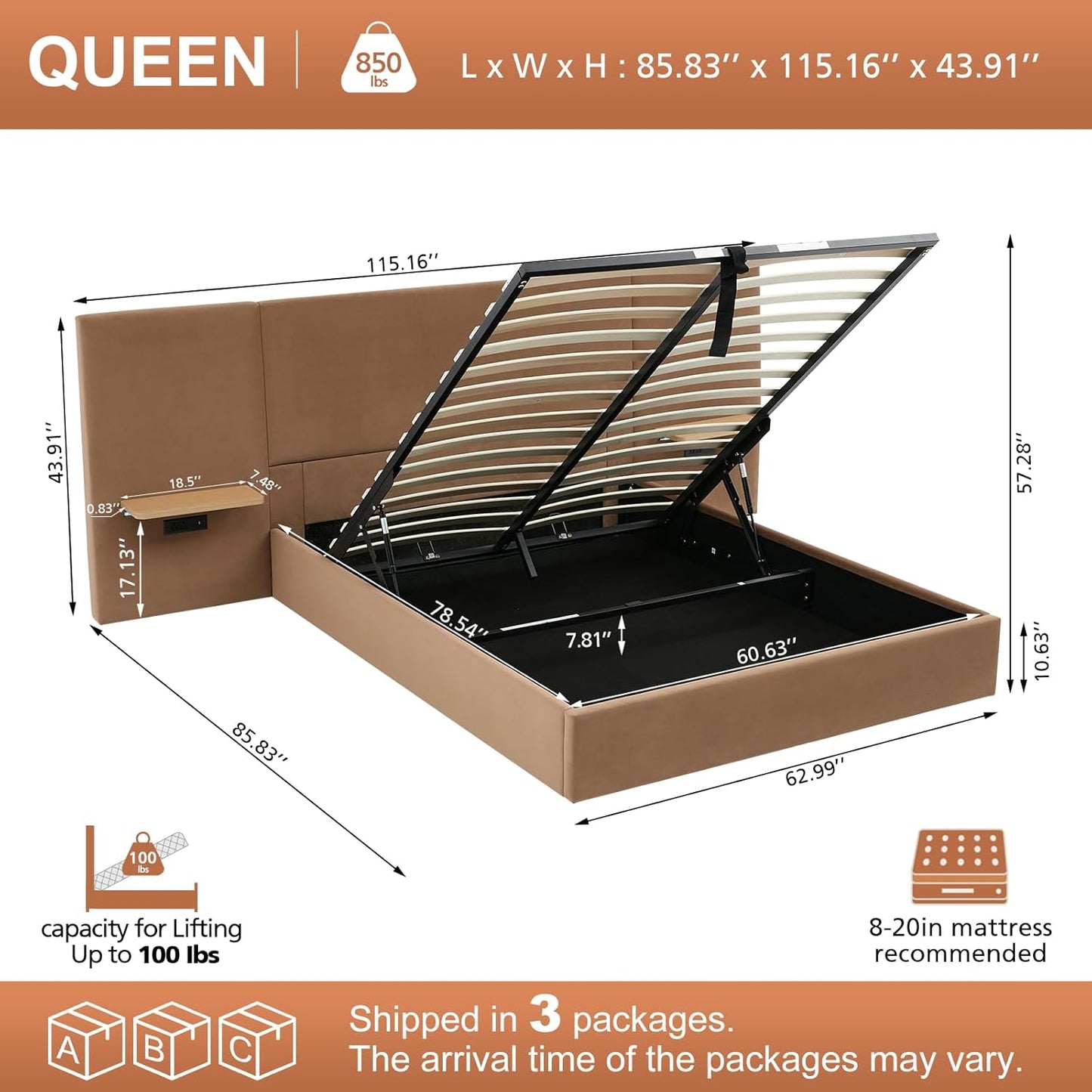 VELOCAVA Lift Up Storage Bed Frame with Extended Upholstered Headboard, Floating Side Shelves, LED Lighting, Charging Station, Hydraulic Lift, No Box Spring Needed, Camel Brown