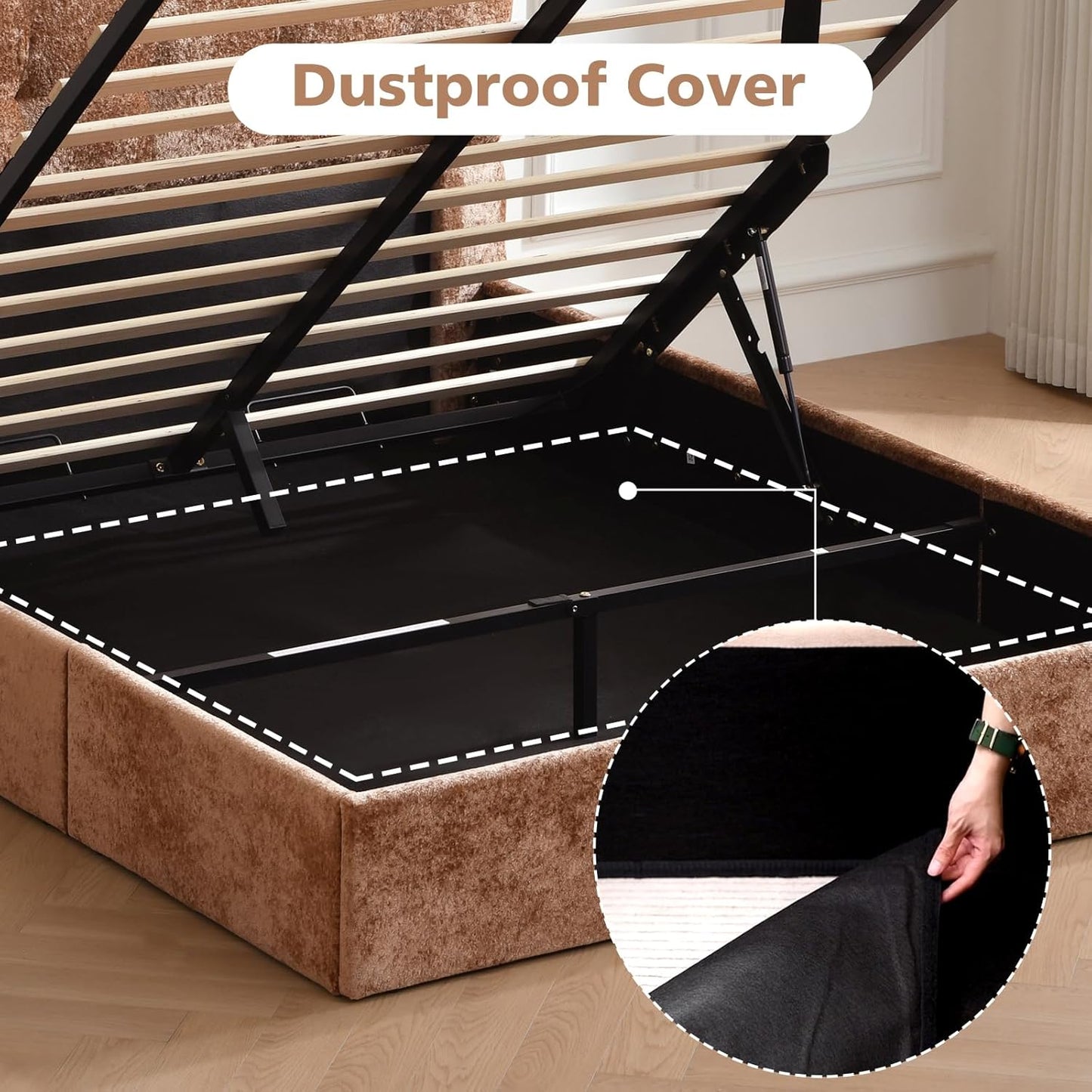VELOCAVA Lift-Up Storage Bed, Upholstered Platform Bed with Soft Tufted Headboard, Plush Velvet Fabric, No Box Spring Needed, Camel Brown