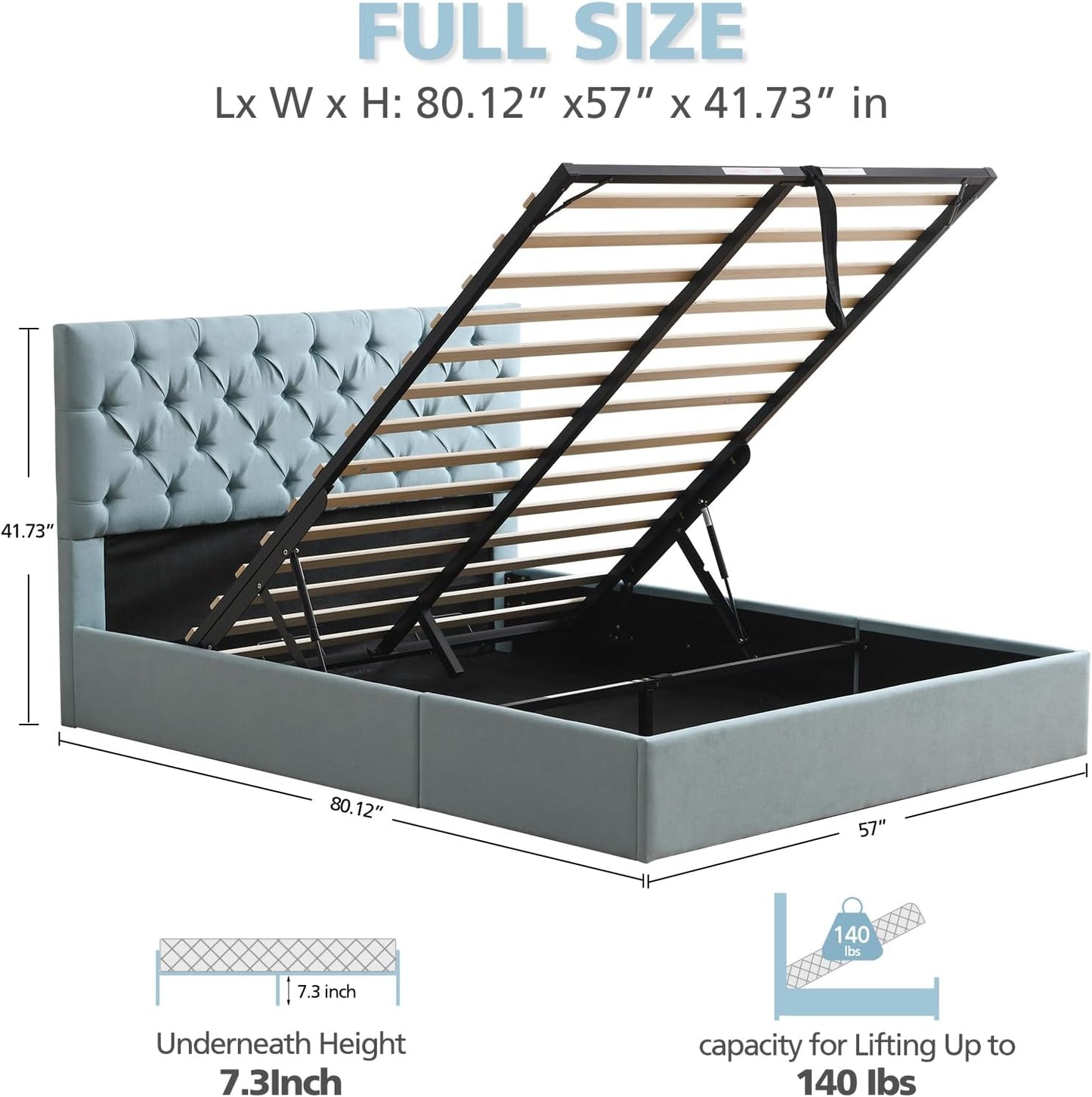 VELOCAVA Lift-Up Storage Bed, Dusty Blue Linen-Textured Upholstered Platform Frame with Button-Tufted Headboard, Modern Space-Saving Design, No Box Spring Required, Easy Assembly