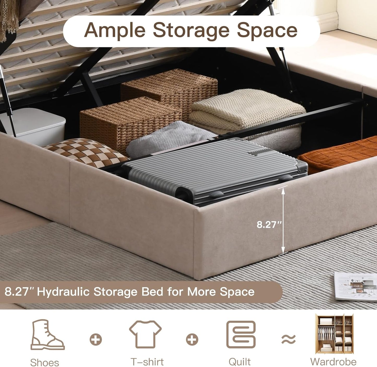 VELOCAVA Size Lift-Up Storage Bed Frame with Button-Tufted Headboard, Gas Lift Platform, Spacious Under-Bed Storage, Wooden Slats, No Box Spring Needed, Light Khaki Linen-Look