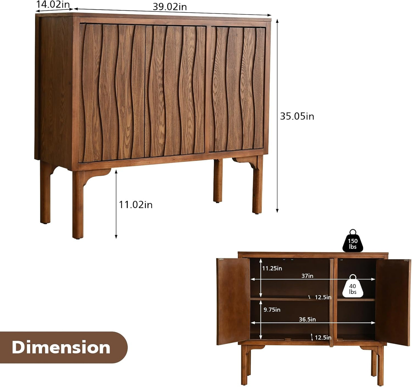 Ahokua Mid-Century Modern Sideboard with Wave Doors, 3-Door Push-to-Open Storage Cabinet, Walnut Accent Buffet with Adjustable Shelves for Dining Room, Entryway, or Living Room