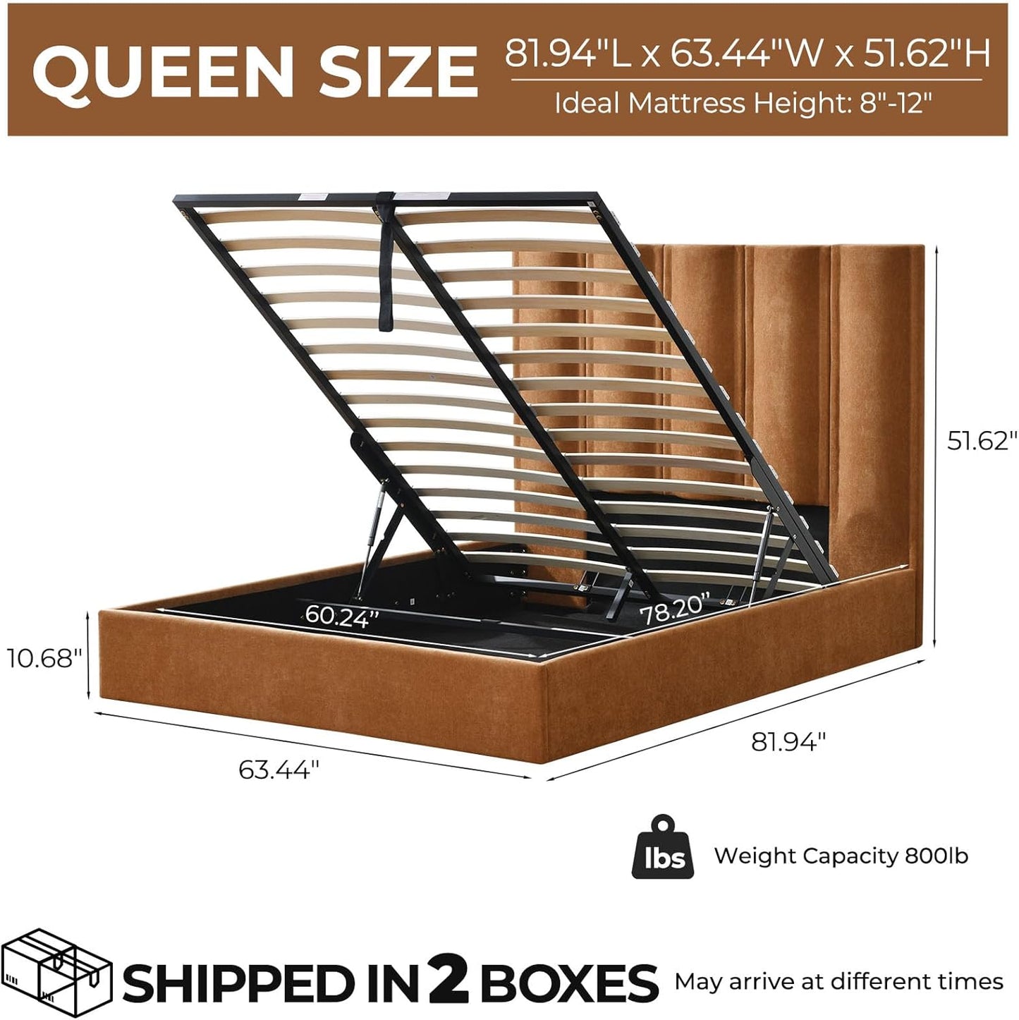 Lift Up Storage Bed, Upholstered Platform Bed Frame with Storage Underneath, 51.6'' Tall Vertical Channel Tufted Headboard, Linen-Textured, Hydraulic Support, No Box Spring Needed, Brown