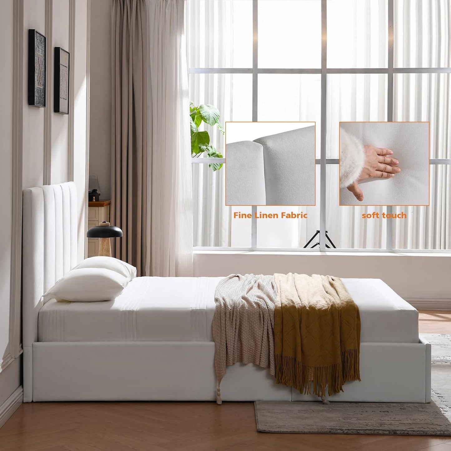 VELOCAVA Hydraulic Lift Storage Bed Frame, White Linen-Look Upholstered Platform Bed with Vertical Panel Headboard, Hidden Under-Bed Storage, No Box Spring Needed