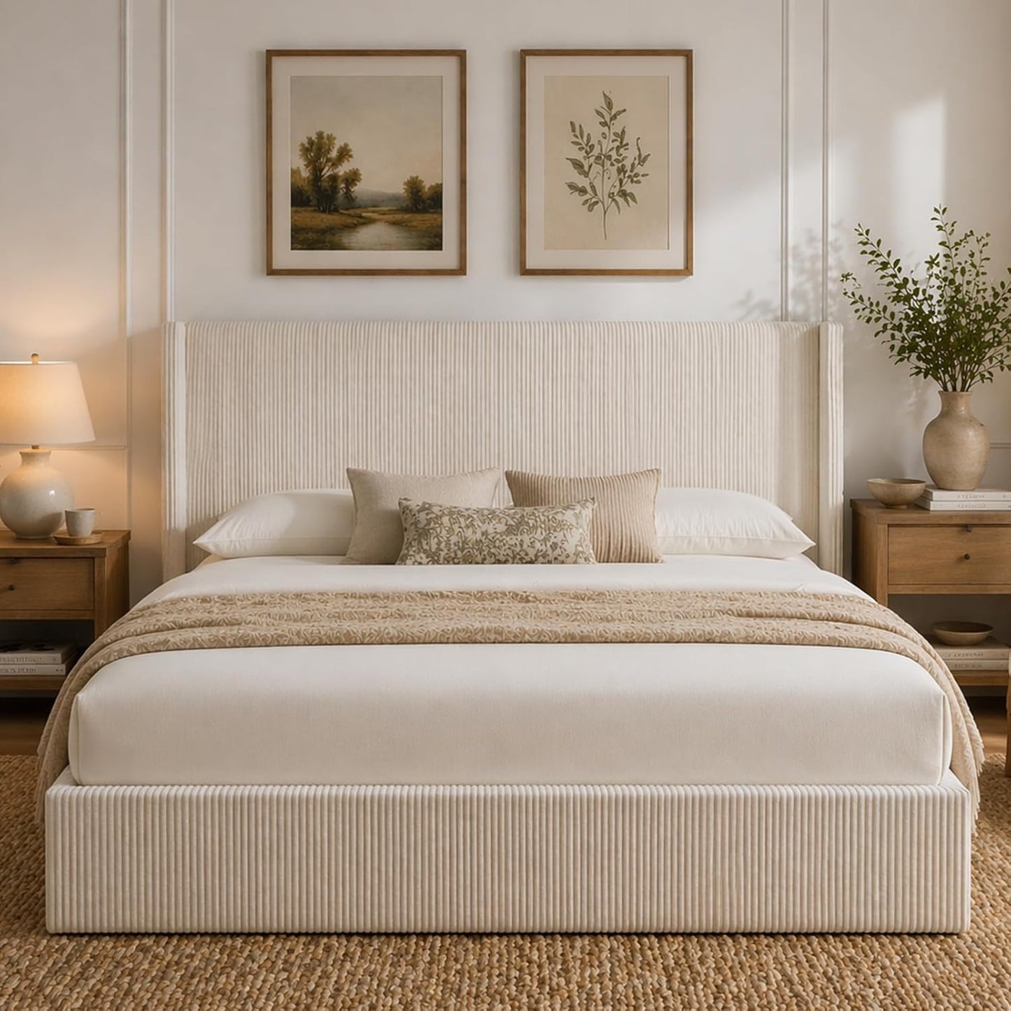 VELOCAVA Lift-Up Storage Bed, Modern Upholstered Corduroy White Bed with Wingback Headboard, Hydraulic Lift Platform, Sturdy Wooden Slat Support, No Box Spring Needed, Easy Assembly