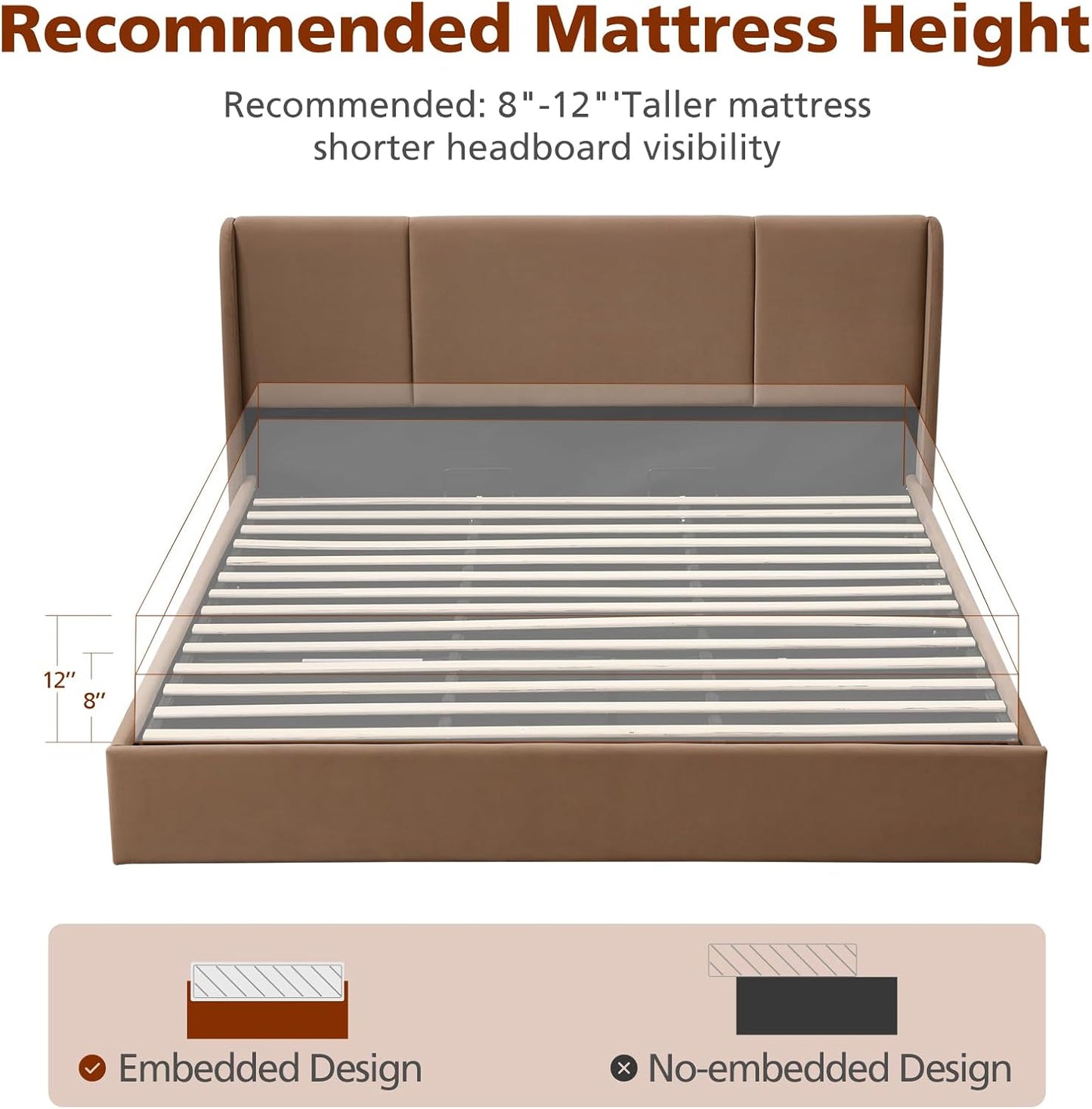 VELOCAVA Lift Up Storage Bed Frame, Velvet-Look Upholstered Bed with Modern Wing back Headboard, Hydraulic Lift Storage, Wood Slat Support, No Box Spring Needed, Brown