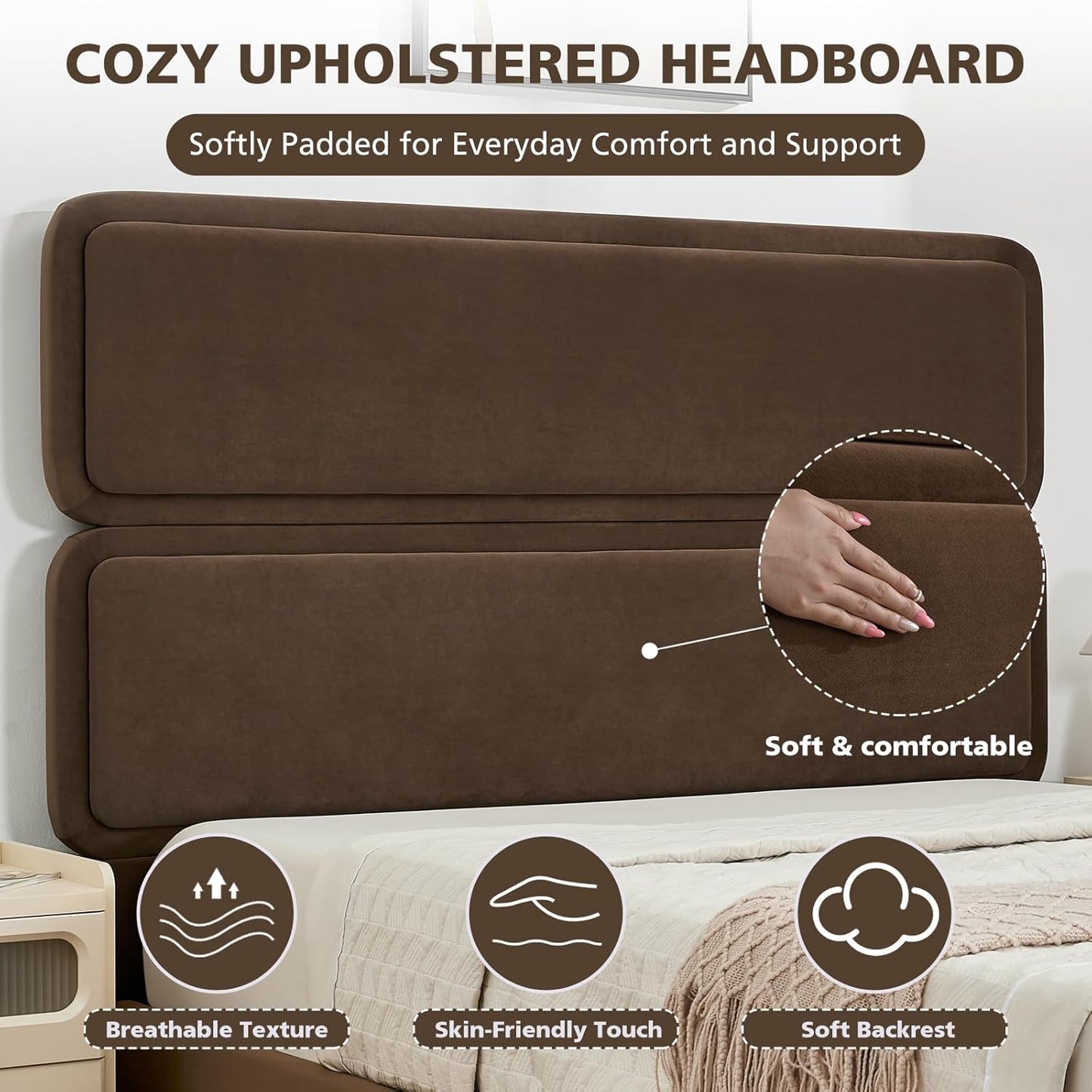 VELOCAVA Lift Up Storage Bed, Velvet-Look Upholstered Platform Bed Frame with 57" Tall Headboard, Linear Design, Hydraulic Storage, No Box Spring Needed, Coffee Brown