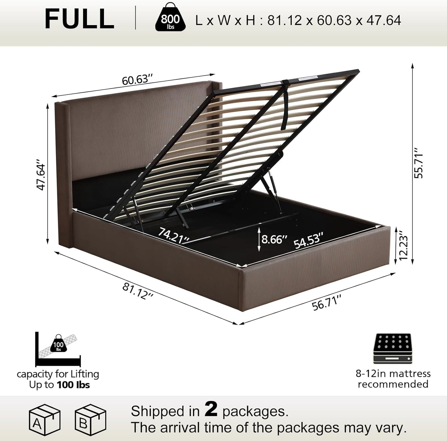 VELOCAVA Lift-Up Storage Bed with Wingback Headboard, Modern Upholstered Corduroy Coffee Bed, Gas Lift Platform, Sturdy Wooden Slat Support, No Box Spring Needed, Easy Assembly