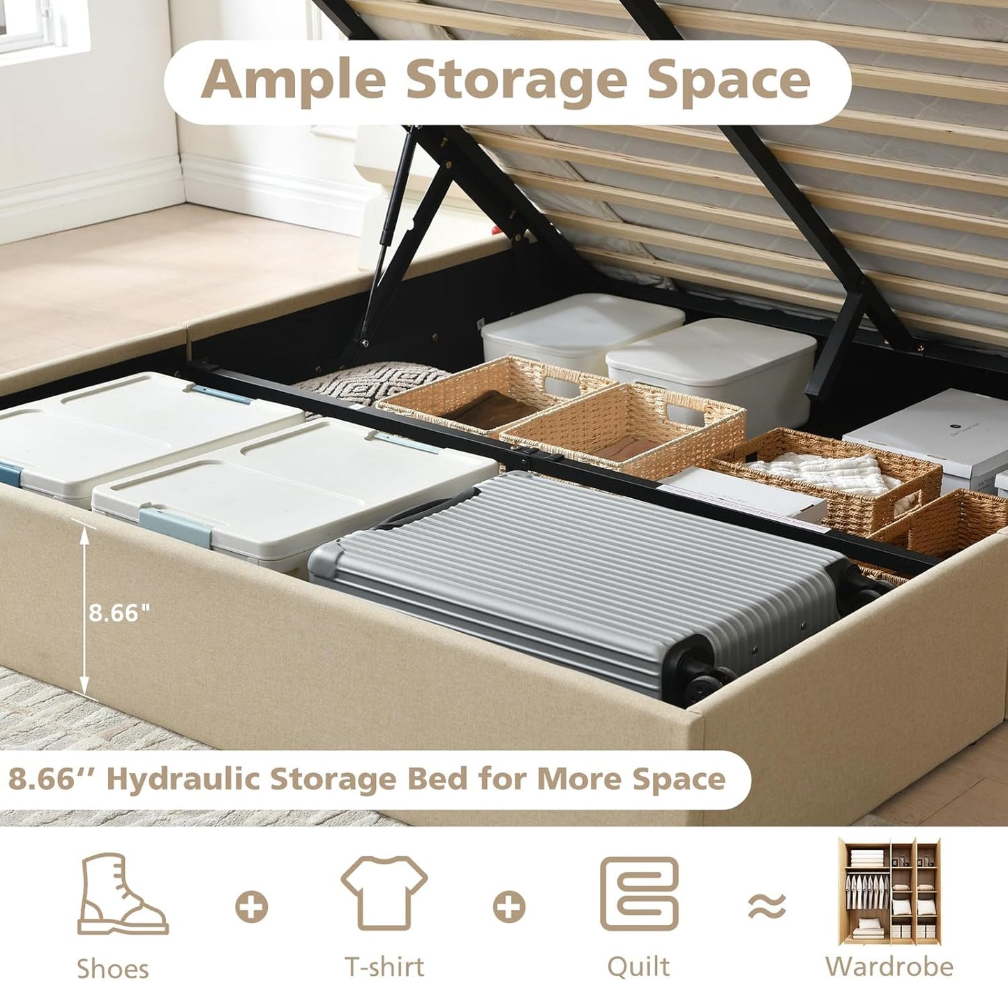 VELOCAVA Lift Up Storage Bed Frame, Linen-Look Upholstered Bed with Modern Wingback Headboard, Gas Lift Mechanism, Space Saving Design, No Box Spring Needed, Beige