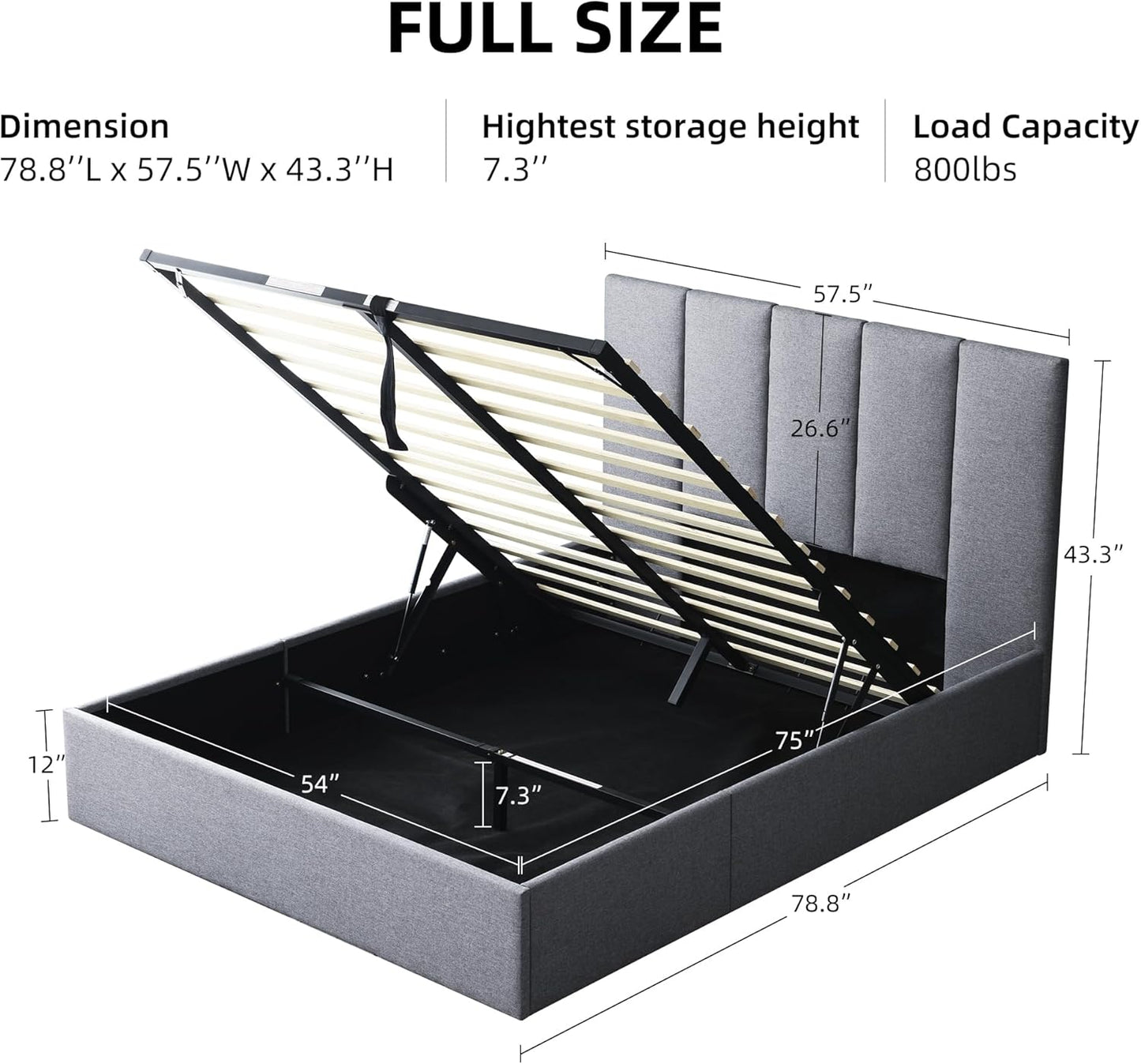 VELOCAVA Hydraulic Lift Storage Bed Frame, Dark Gray Linen-Look Upholstered Platform Bed with Vertical Panel Headboard, Hidden Under-Bed Storage, No Box Spring Needed
