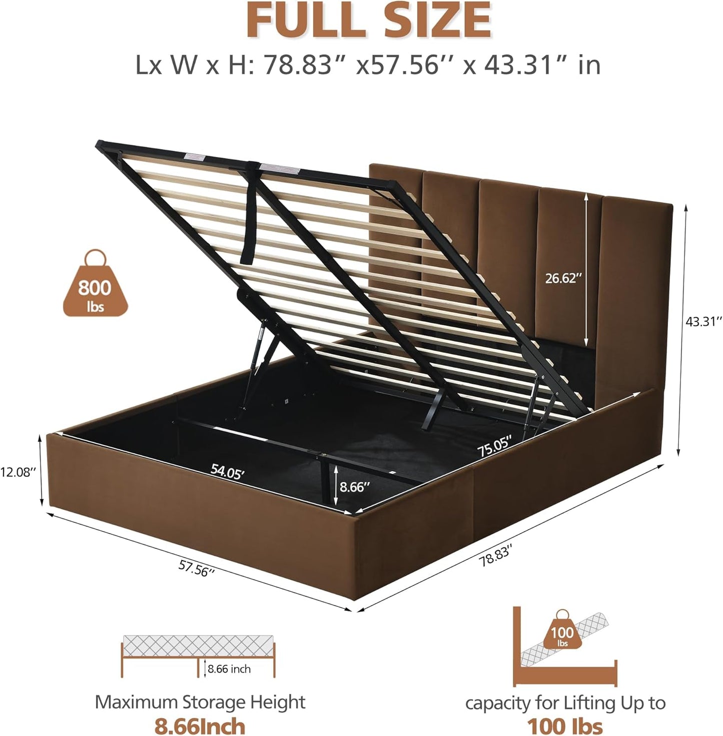 VELOCAVA Lift-Up Storage Bed, Modern Platform Bed with Vertical Panel Headboard, Hydraulic Gas Lift Storage, No Box Spring Needed, Easy Assembly, Velvet-Like Fabric, Brown