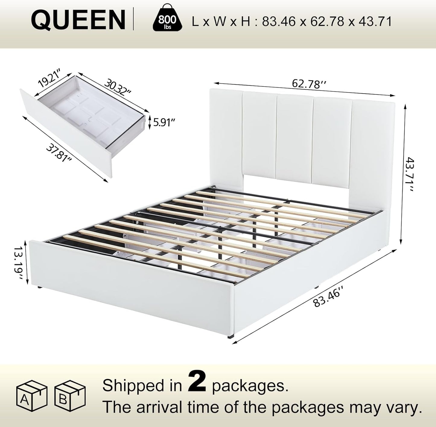 VELOCAVA Upholstered Bed with 4 Storage Drawers, Modern Linen Platform Bed Frame with Vertical Channel Headboard, Sturdy Wood Slats, Space-Saving Design, No Box Spring Needed, White