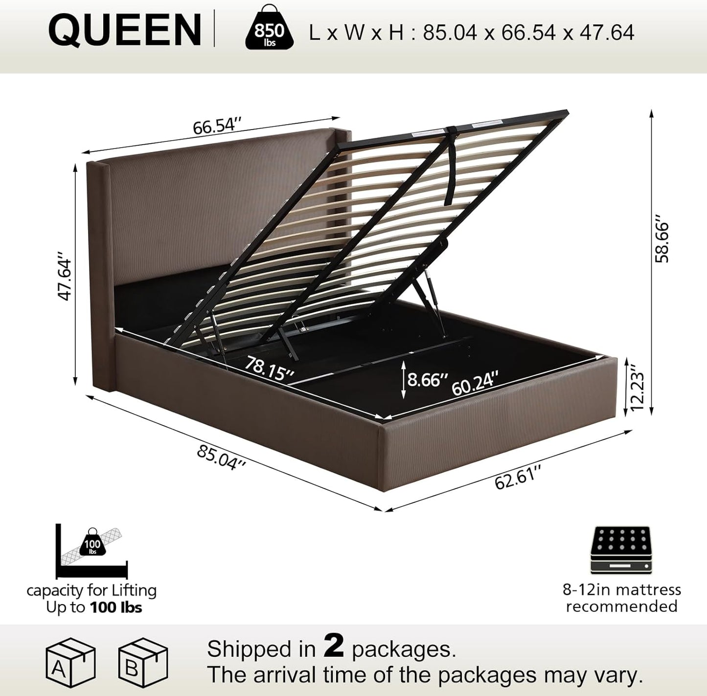 VELOCAVA Lift-Up Storage Bed with Wingback Headboard, Modern Upholstered Corduroy Coffee Bed, Gas Lift Platform, Sturdy Wooden Slat Support, No Box Spring Needed, Easy Assembly