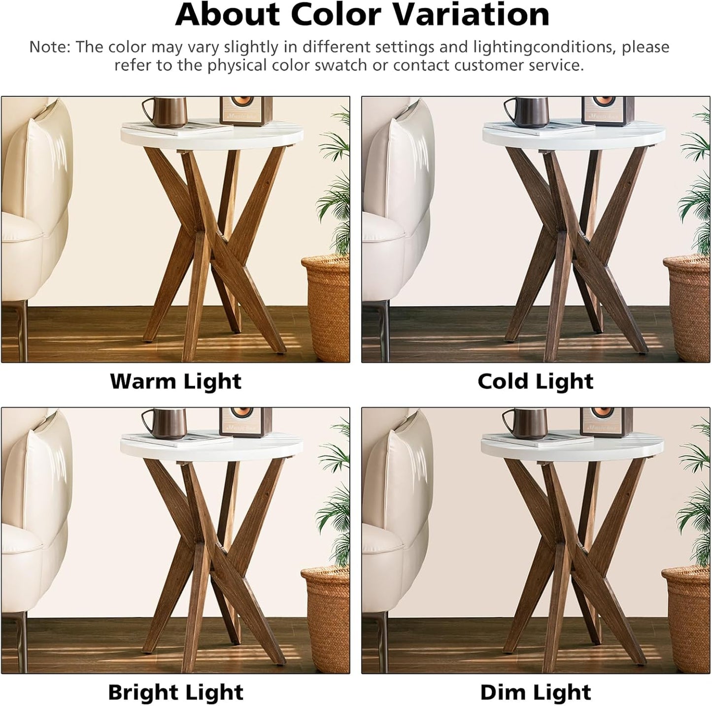 Modern Round End Table with Smooth White Top and Crossed Walnut Legs, Minimalist Accent Table for Living Room, Balcony, or Small Spaces, Easy Assembly Bedside Table, White Walnut