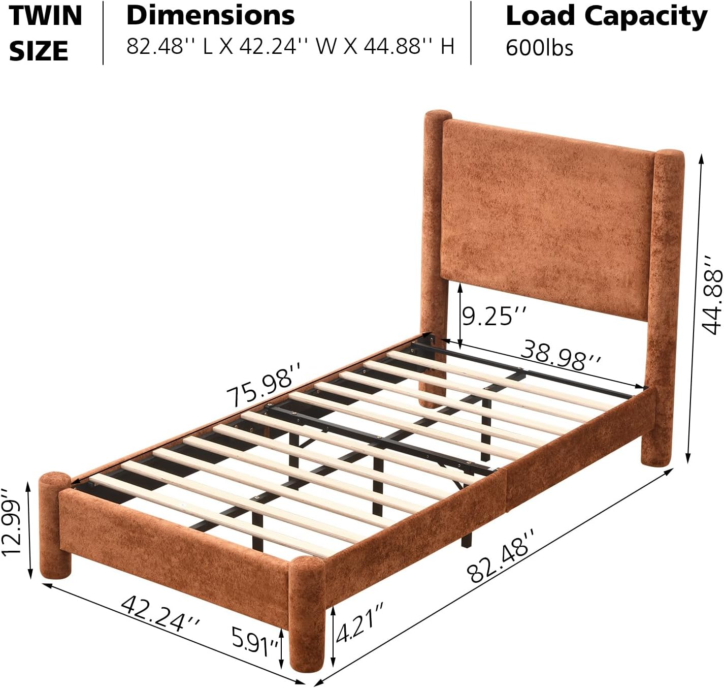 VELOCAVA Upholstered Platform Bed Frame with Soft Rounded Corners, 44.88" Tall Headboard, Luxury Plush Velvet Upholstery, 11 Slats &amp; 5 Center Legs, No Box Spring Needed, Rust Orange