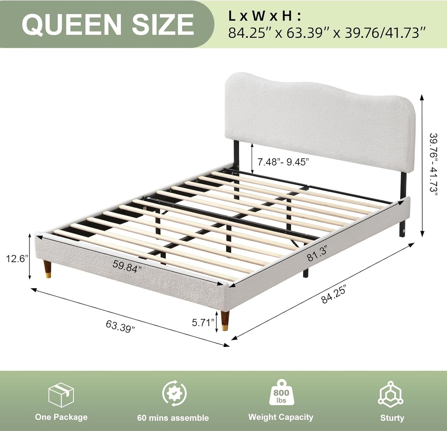 VELOCAVA Boucle Bed Frame with Curved Adjustable Headboard, Upholstered Cloud Platform Bed, Rounded Corners, Wooden Slats Support, No Box Spring Needed, Easy Assembly, Cream White
