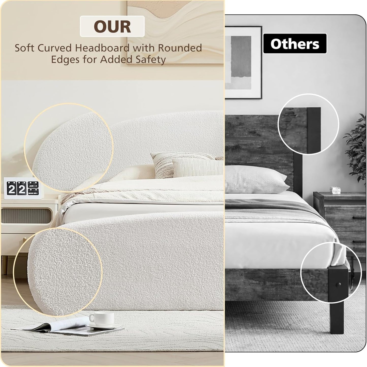 VELOCAVA Upholstered Platform Bed Frame, Curved Silhouette Headboard &amp; Footboard, Bouclé Texture, Removable Headboard Cover, 11 Plywood Slats, No Box Spring Needed, Cream White