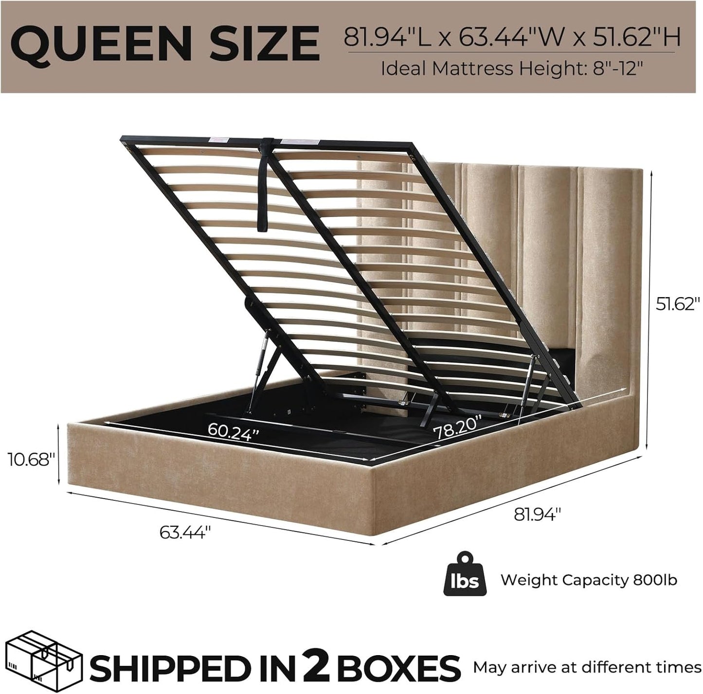 Lift Up Storage Bed, Upholstered Platform Bed Frame with Storage Underneath, 51.6'' Tall Vertical Channel Tufted Headboard, Linen-Textured, Hydraulic Support, No Box Spring Needed, Beige