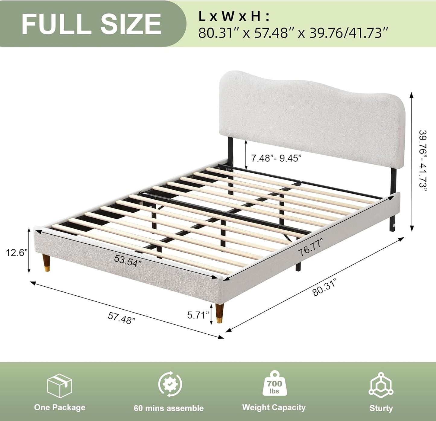 VELOCAVA Boucle Bed Frame with Curved Adjustable Headboard, Upholstered Cloud Platform Bed, Rounded Corners, Wooden Slats Support, No Box Spring Needed, Easy Assembly, Cream White