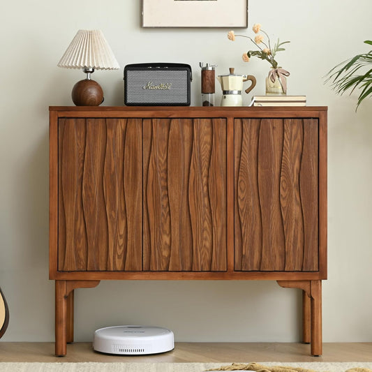Ahokua Mid-Century Modern Sideboard with Wave Doors, 3-Door Push-to-Open Storage Cabinet, Walnut Accent Buffet with Adjustable Shelves for Dining Room, Entryway, or Living Room