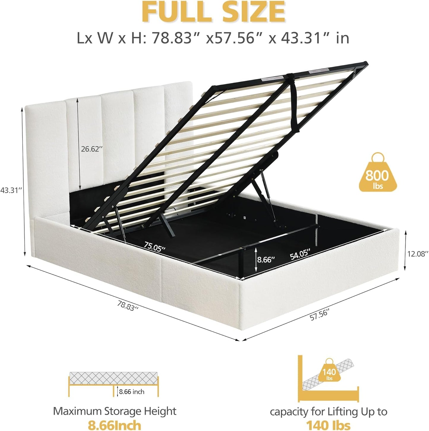 VELOCAVA Lift-Up Storage Bed Frame, Boucle Upholstered Platform Bed with Vertical Channel Headboard, Hydraulic Storage, Sturdy Wooden Slat Support, No Box Spring Needed, Cream White