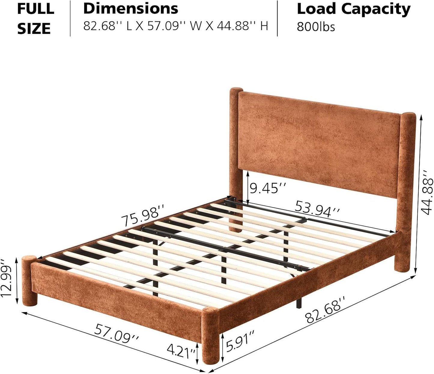 VELOCAVA Upholstered Platform Bed Frame with Soft Rounded Corners, 44.88" Tall Headboard, Luxury Plush Velvet Upholstery, 11 Slats &amp; 5 Center Legs, No Box Spring Needed, Rust Orange