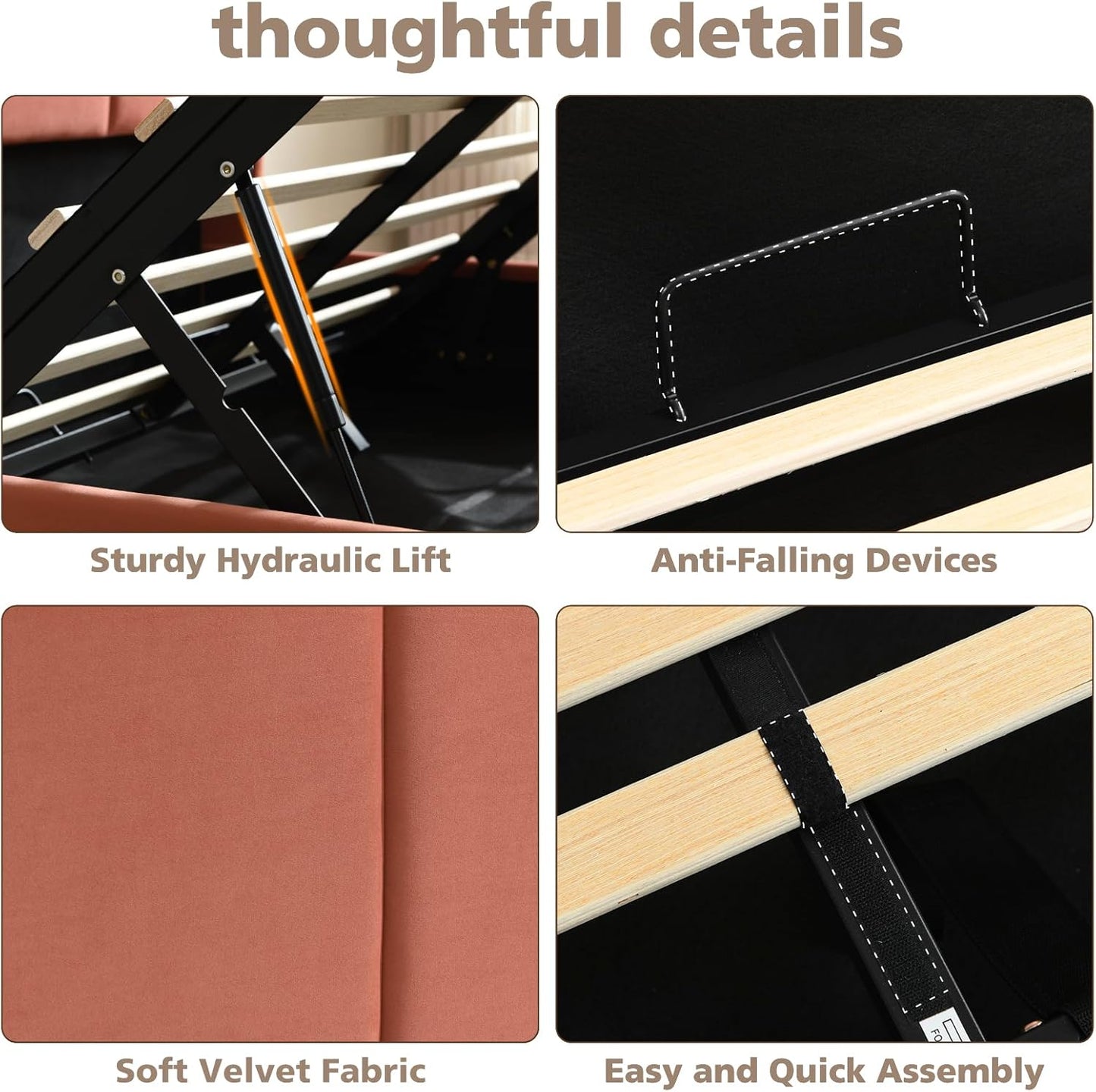 VELOCAVA Lift Up Storage Bed Frame, Velvet-Look Upholstered Bed with Modern Wing back Headboard, Gas Lift Mechanism, Space Saving Design, No Box Spring Needed, Terracotta