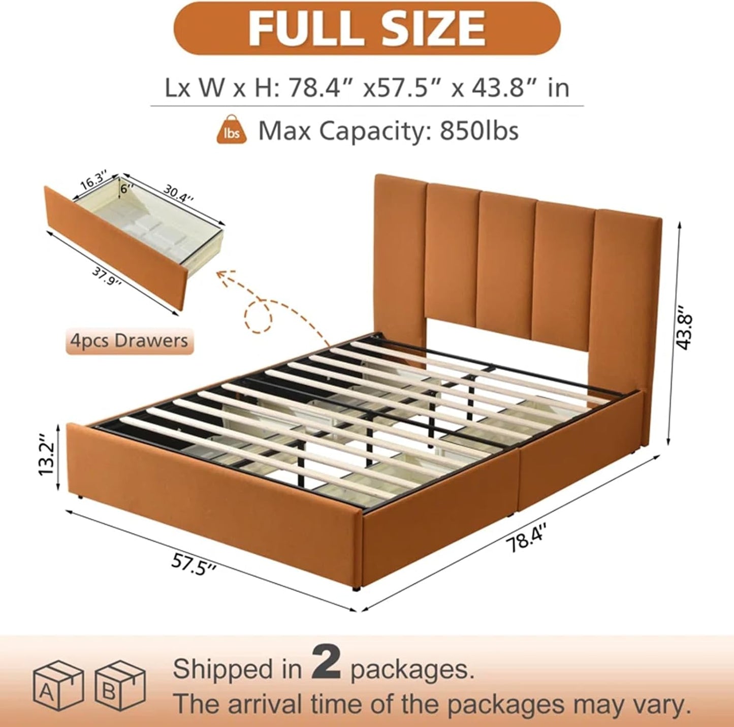 VELOCAVA Upholstered Storage Bed Frame with 4 Drawers, Modern Linen Platform Bed with Vertical Channel Headboard, Sturdy Wood Slats, Under Bed Storage, No Box Spring Needed, Orange