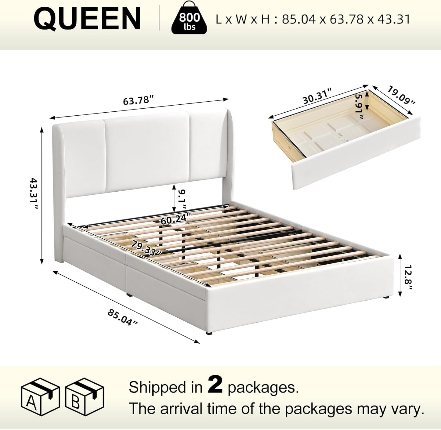 VELOCAVA Full Size Upholstered Bed Frame with 4 Storage Drawers, Modern Velvet-Like Platform Bed with Wingback Headboard, Sturdy Wood Slats,No Box Spring Needed, White