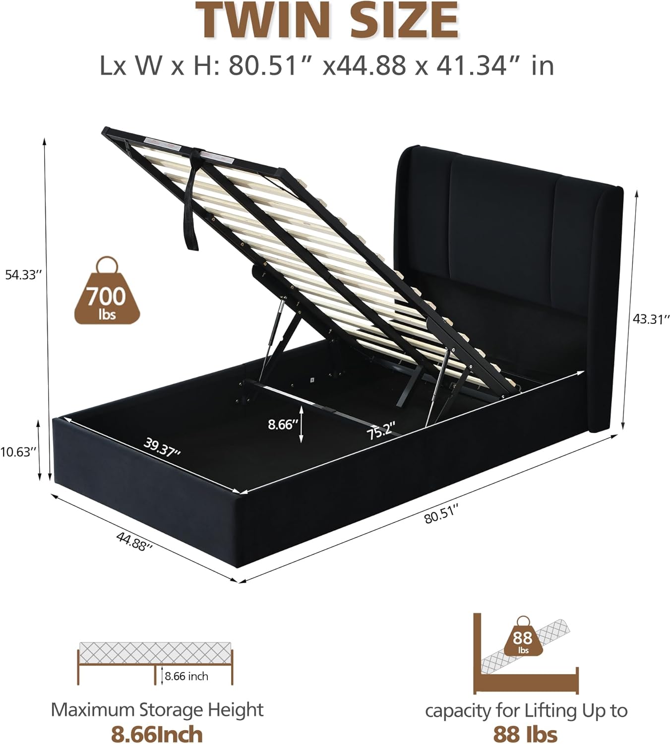 VELOCAVA Lift Up Storage Bed Frame, Velvet-Look Upholstered Bed with Modern Wingback Headboard, Gas Lift Storage, Space Saving Design, No Box Spring Needed, Black