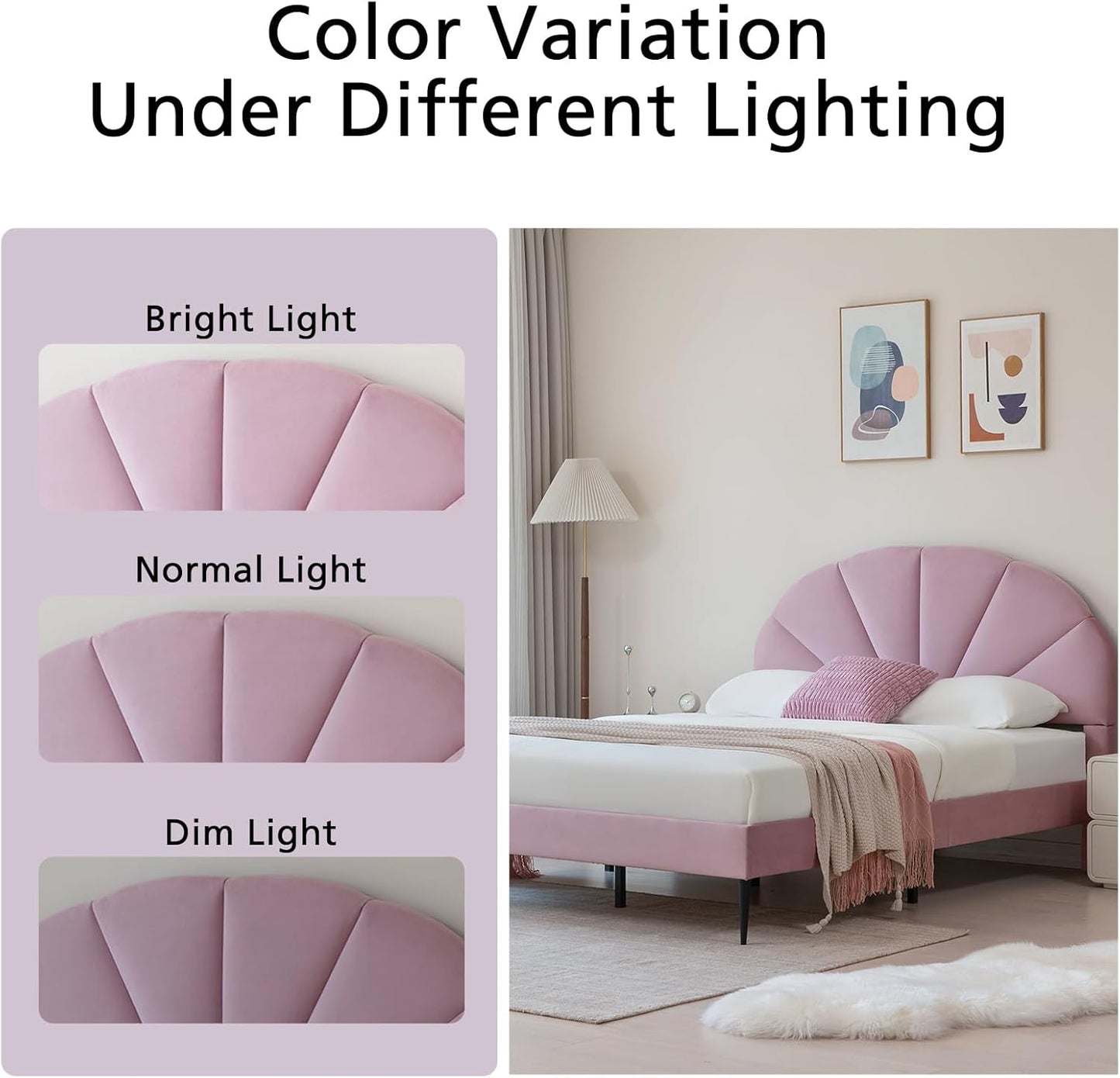 VELOCAVA Pink Bed with Seashell Headboard, Velvet Upholstered Platform Bed Frame for Girls Kids with Wooden Slats Support, No Box Spring Needed, Easy Assembly, Princess Pink Bed