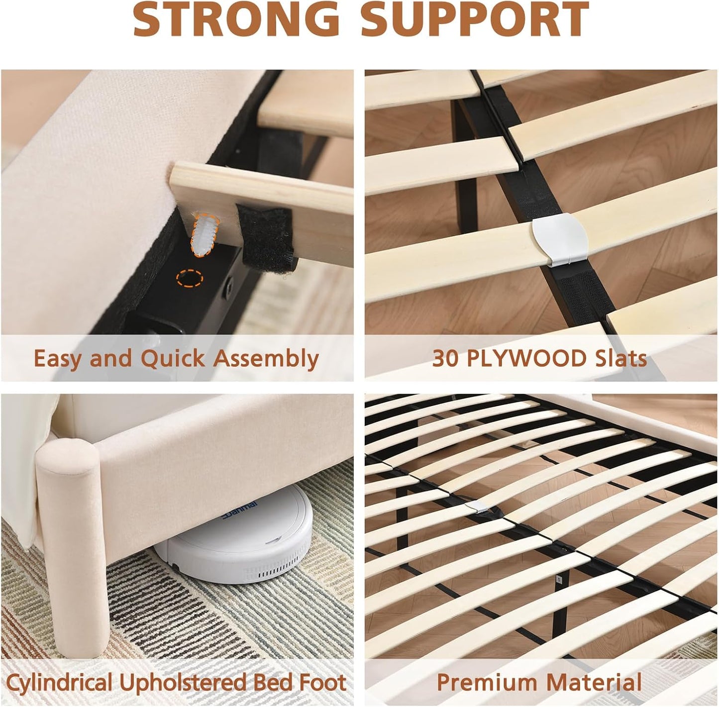 VELOCAVA Upholstered Platform Bed Frame with Curved Headboard and Cylindrical Legs, Rounded Corners Design, Sturdy 30-Slat Support, No Box Spring Required, Linen-Blend Fabric, Beige