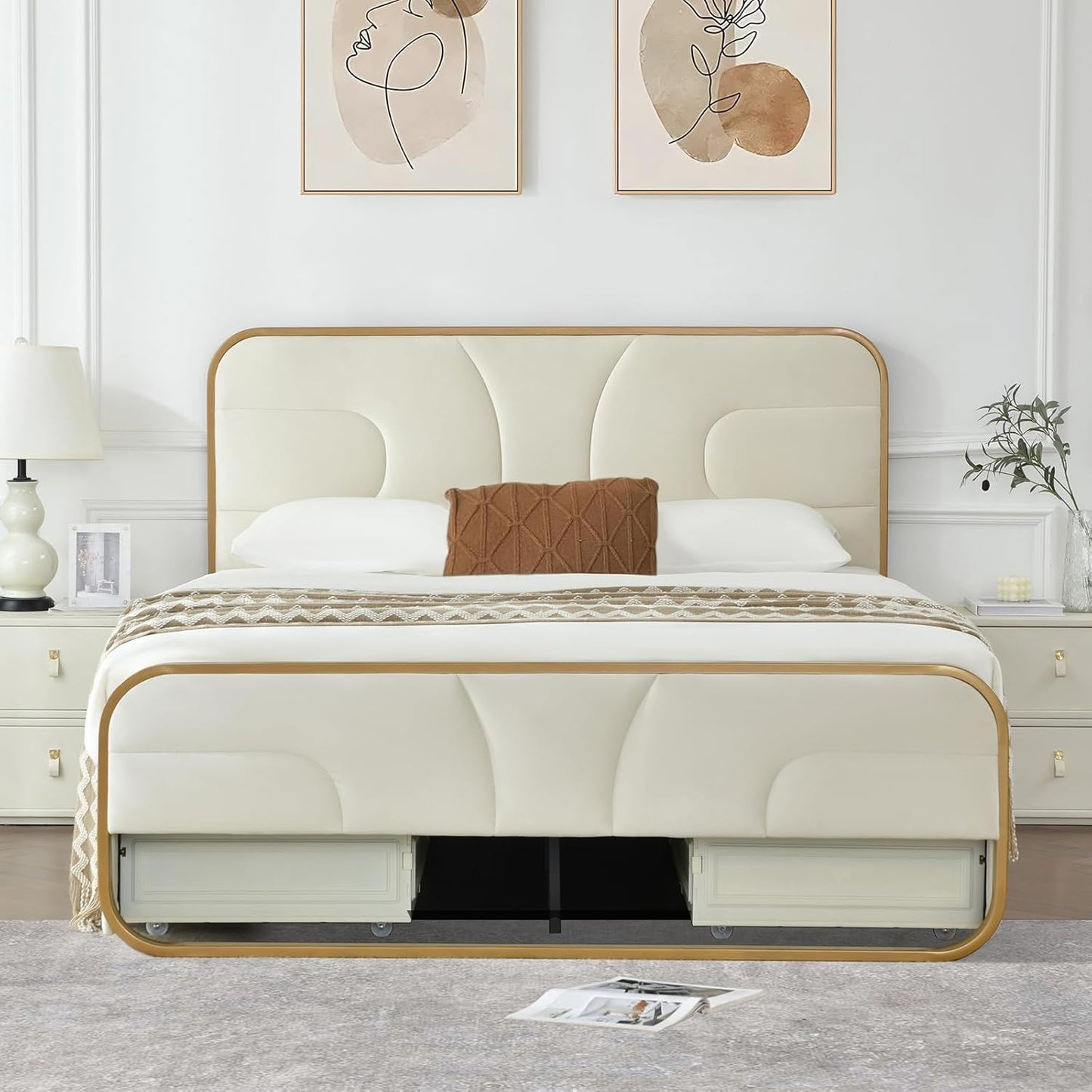 VELOCAVA Rounded Metal Upholstered Bed with 4 Storage Drawers, Velvet Platform Storage Bedframe with Headboard, Wooden Slats Support, No Box Spring Needed, Cream