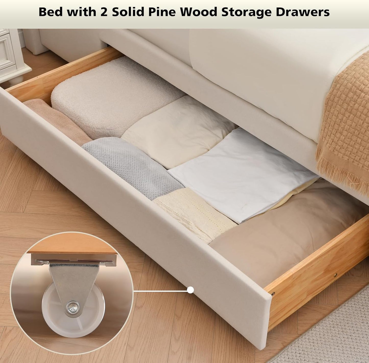 VELOCAVA Upholstered Platform Bed with Tall Headboard and Footboard, 2 Side Storage Drawers, Modern Beige Fabric Bed Frame, No Box Spring Needed, Slatted Base Support, Easy Assembly